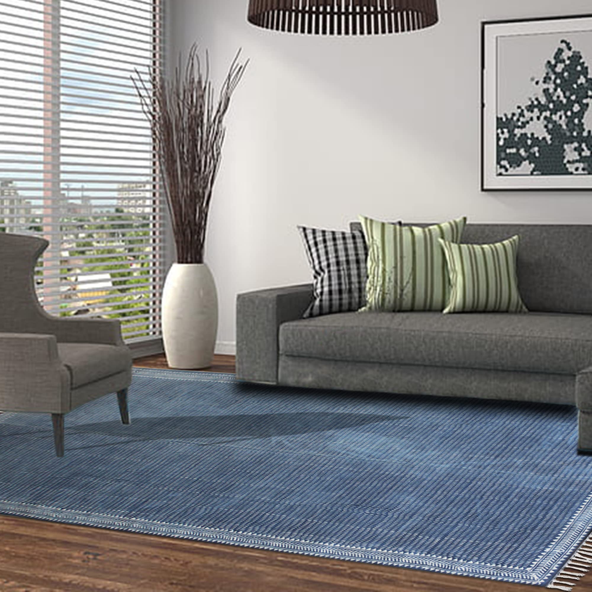 Blue Boho Rug - Washable Cotton Flat Woven Bohemian Tribal Farmhouse Rug with Tassels | 180x360cm (6x12 Feet) Runner for Kitchen, Bathroom, Bedroom & Hallway | Dabu Print Non-Slip Bath Mat for Home Decor
