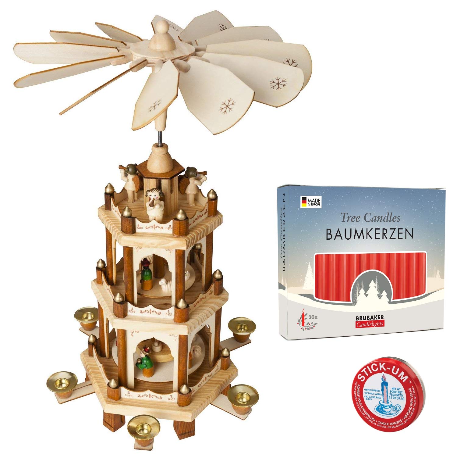 BRUBAKER 3-Tier 18-Inch Christmas Pyramid Set with 20 Red Candles & Candle Adhesive - Perfect for Holiday Home Decor, Table Centerpiece, and Christmas Gift Giving