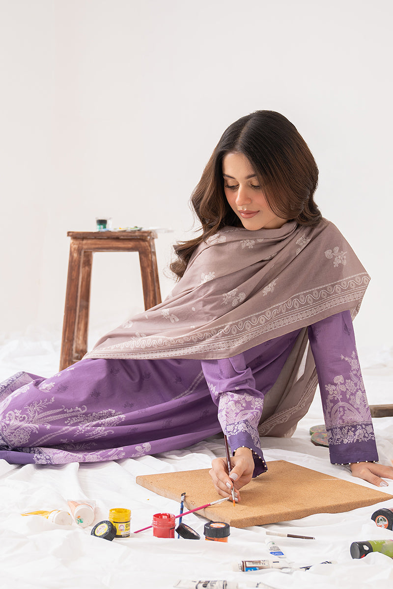 MAUVE GLINT 3PC PRINTED LAWN SUIT for Women - Floral Embroidery Pakistani Formal Dress - Perfect for Weddings, Parties & Special Occasions