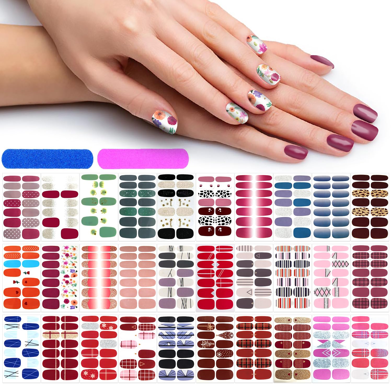 30 Sheets Solid Color & Glitter Nail Polish Strips - Self-Adhesive Nail Wraps for Women & Girls - DIY Nail Art Stickers with Free Nail File - Perfect for Parties, Weddings, and Everyday Nail Care