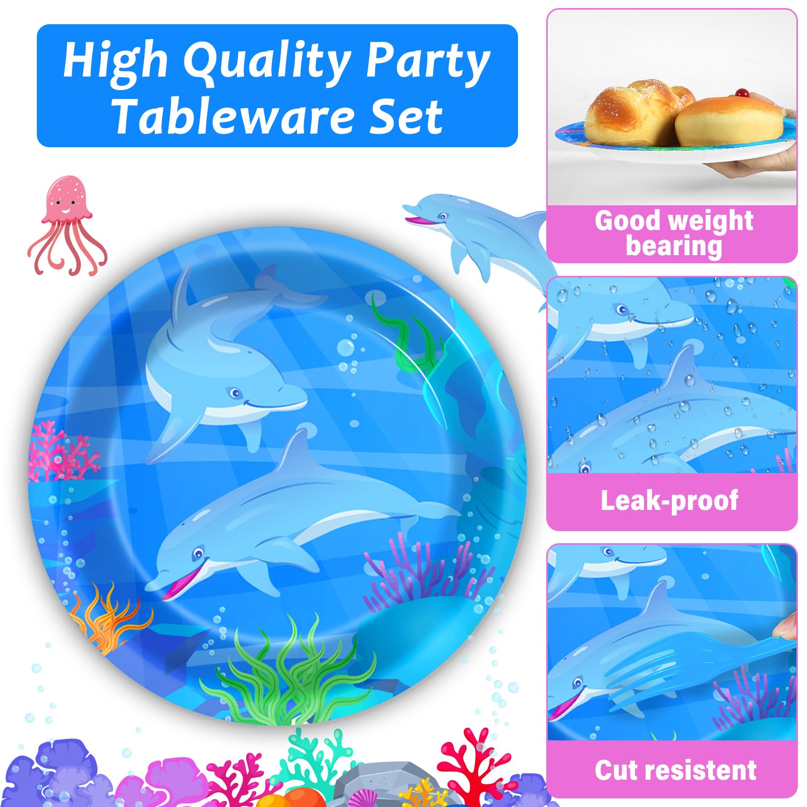 96 Pcs Dolphin Party Supplies Set - Ocean Themed Disposable Plates, Napkins, Forks - Blue Under the Sea Birthday Party Decorations for Baby Shower, Dessert Tableware (Serves 24 Guests) - Perfect for Beach Parties, Nautical Events & Kids Birthday Celebrations