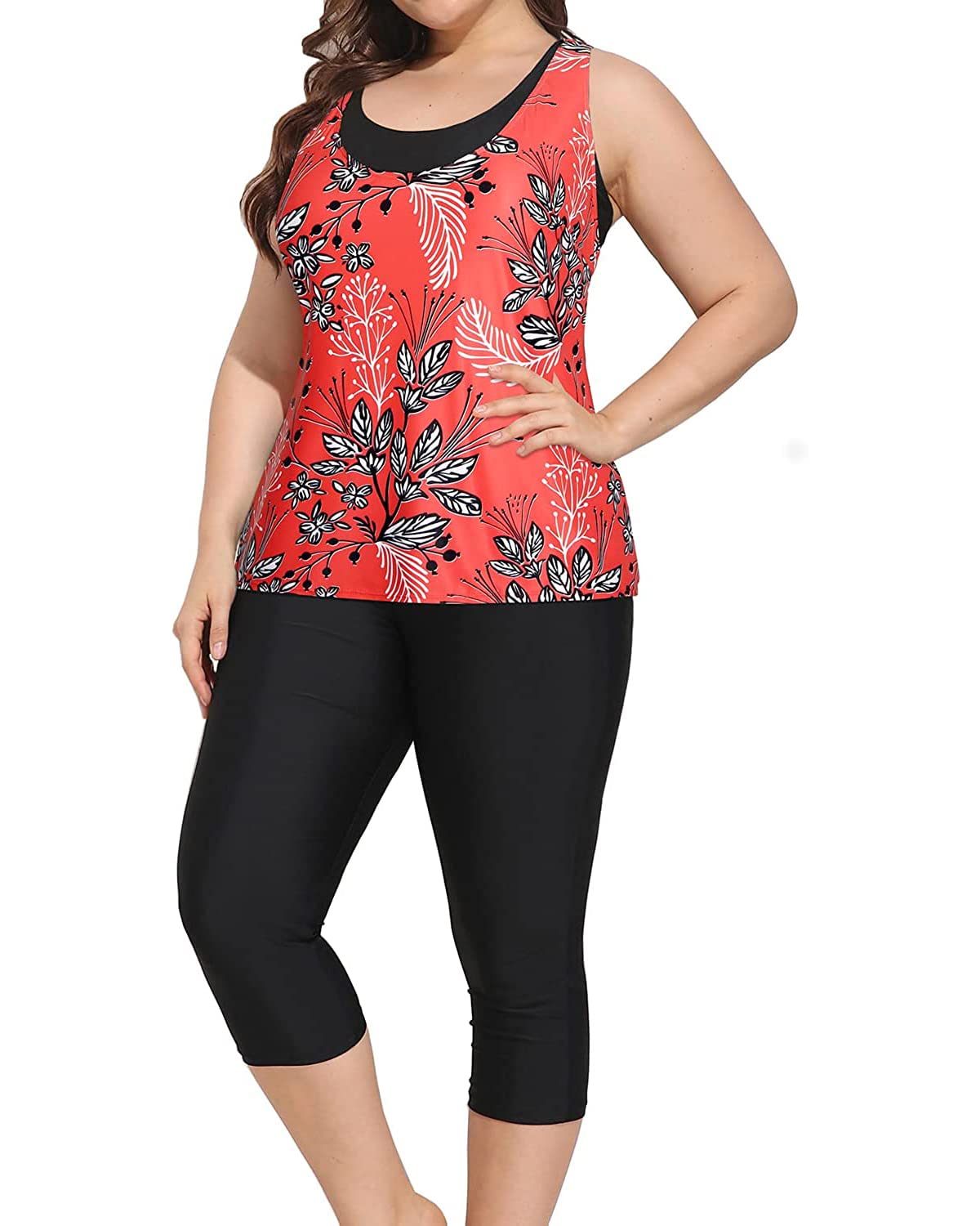 Yonique 3-Piece Plus Size Swimsuits for Women - Athletic Tankini Top with Sports Bra & Swim Capris | High-Waisted Bathing Suit Set for Swimming, Beach & Water Sports