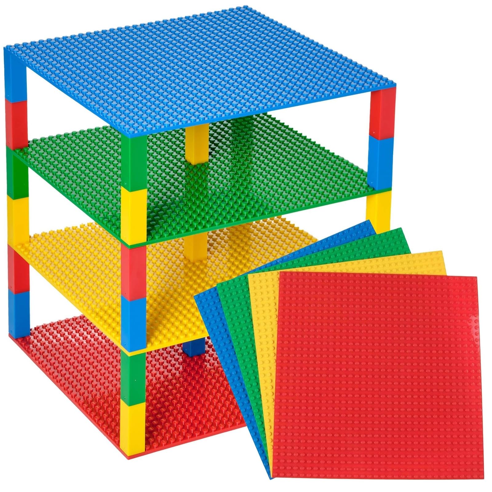 Strictly Briks Lego-Compatible 10x10 Inch Building Baseplates - 4 Stackable Toy Blocks with 30 Connectors (Blue, Green, Red, Yellow) for Kids STEM Learning | Perfect for Creative Play, Classroom Activities & DIY Brick Towers