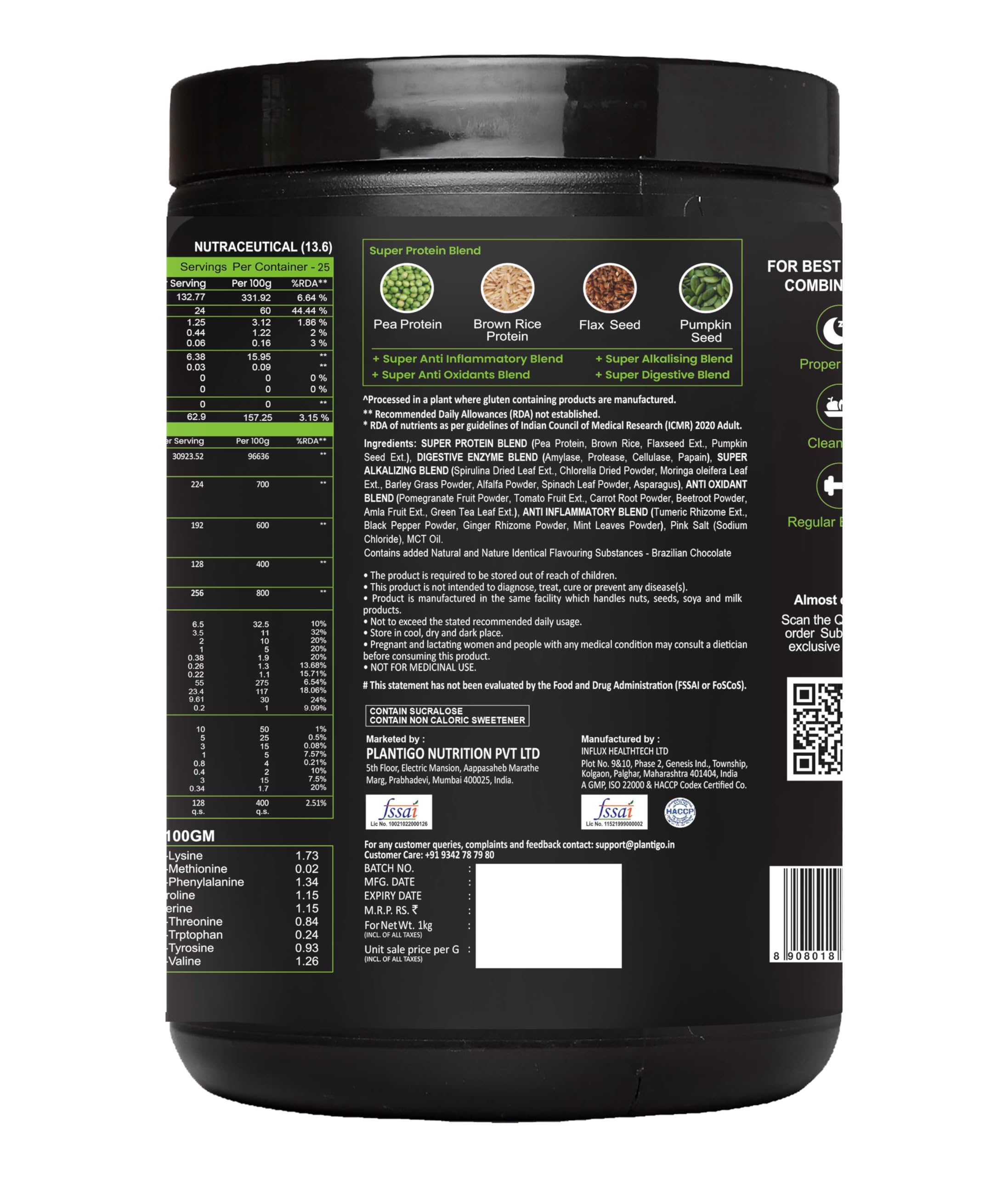 Plantigo Clean Plant Protein Powder - Vegan Protein Blend with Pea, Brown Rice, Flax & Pumpkin | 21 Superfoods, No Preservatives or Banned Substances | Brazilian Chocolate Flavor (1kg) for Men & Women - Perfect for Post-Workout Recovery, Smoothies & Healthy Meal Replacement