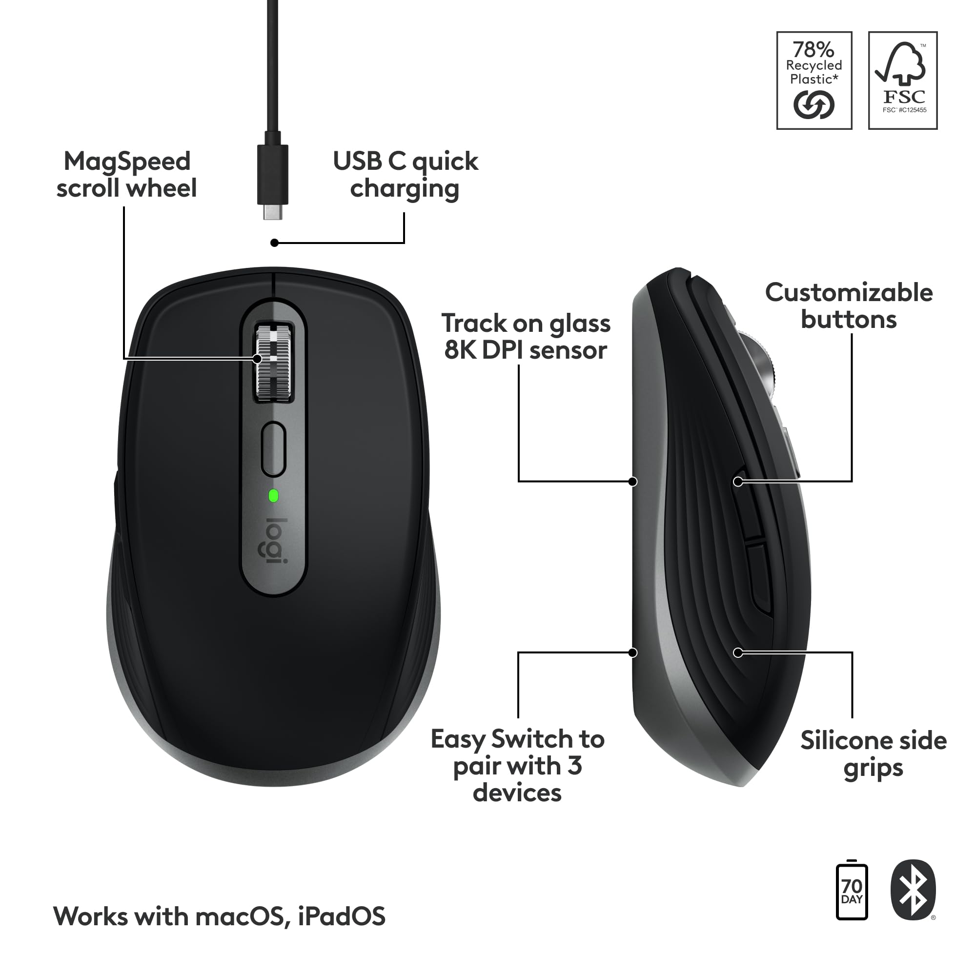 Logitech MX Anywhere 3S Wireless Bluetooth Mouse for Mac - 8K DPI Precision, Silent Clicks, USB-C Charging, Space Gray | Perfect for MacBook Pro, MacBook Air, iMac & iPad | Ideal for Office, Travel & Creative Work