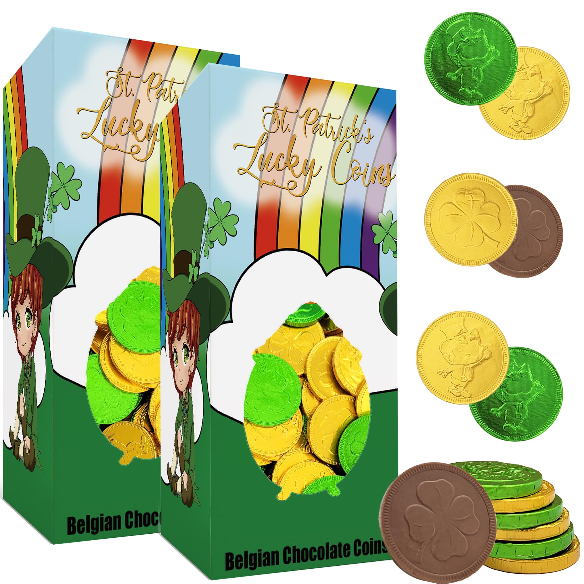 Premium Belgian Nut-Free Milk Chocolate Coins - 2 Pounds Saint Patrick's Day Shamrock Leprechaun Green & Gold Chocolate Coins (Approx. 180 Pieces), Kosher Certified | Perfect for St. Patrick's Day Gifts, Party Favors & Holiday Treats