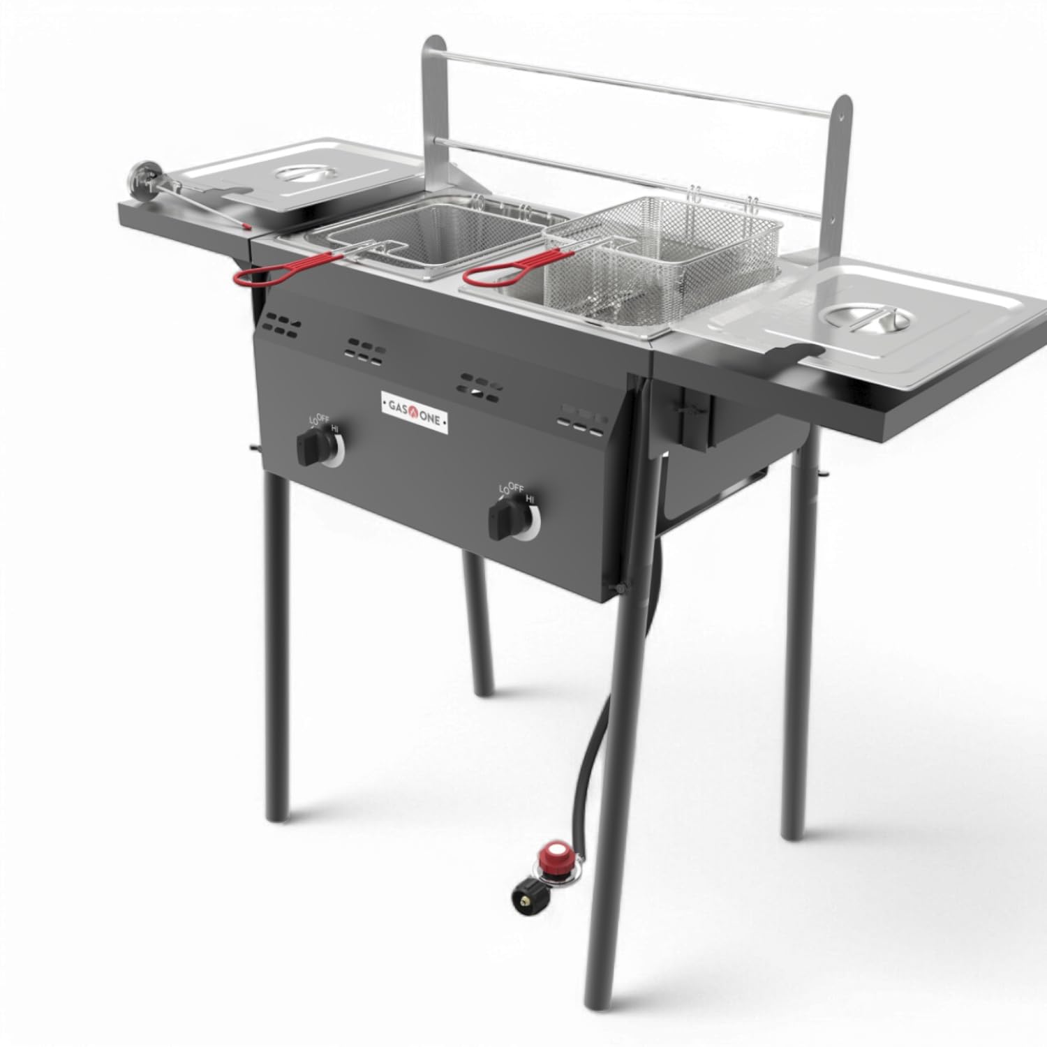 GasOne Outdoor Propane Deep Fryer - 16 Qt Stainless Steel Double Burner Turkey Fryer with Thermometer & Regulator, Removable Baskets & Lids - Perfect for Outdoor Cooking, Backyard BBQ, Tailgating, Camping & Commercial Use