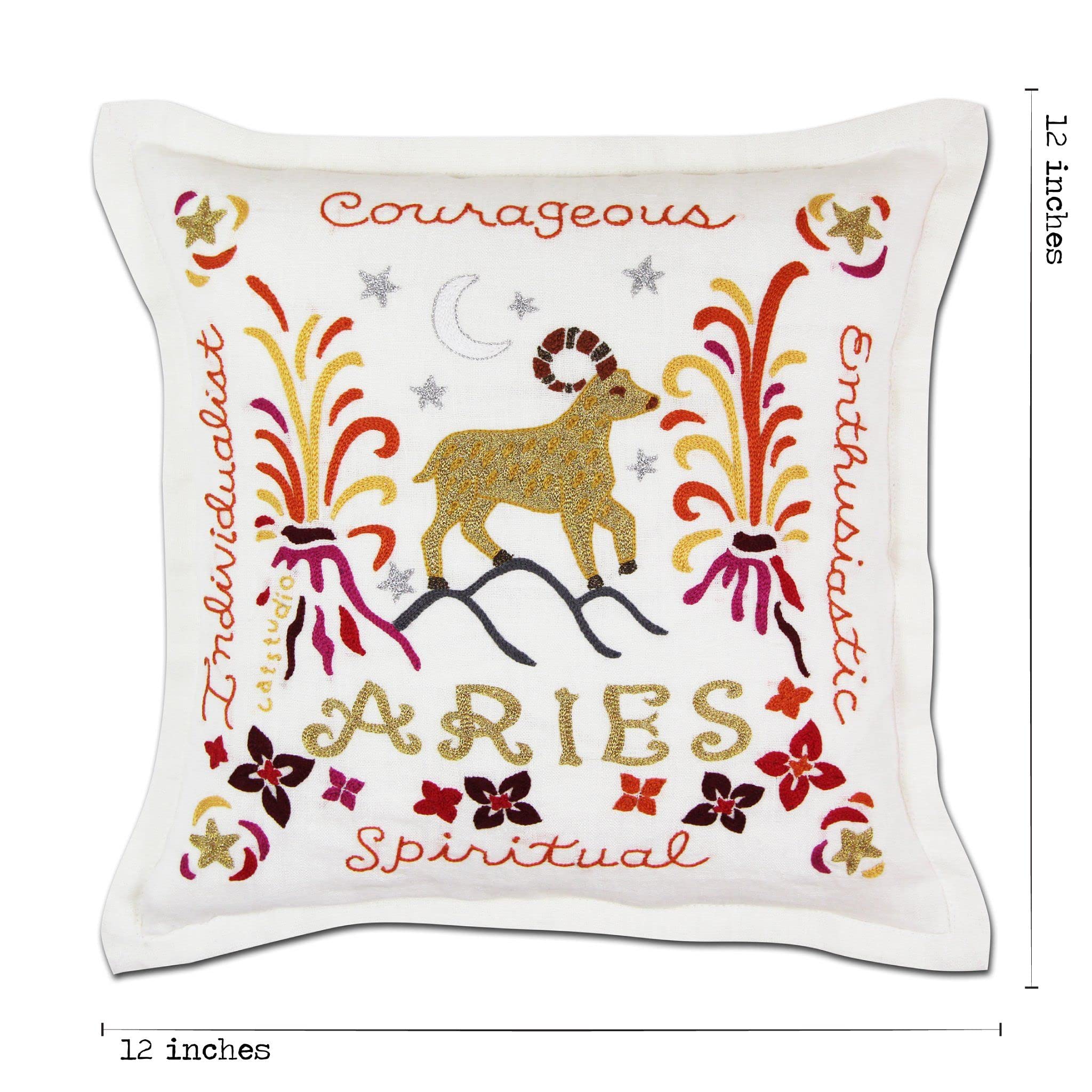 Catstudio Astrology Hand Embroidered Aries Zodiac Sign Decorative Throw Pillow - Embroidered Couch Pillow for Home Decor, Perfect Aries Gift for March & April Birthdays - Great for Sofa, Bedroom, and Living Room Decor