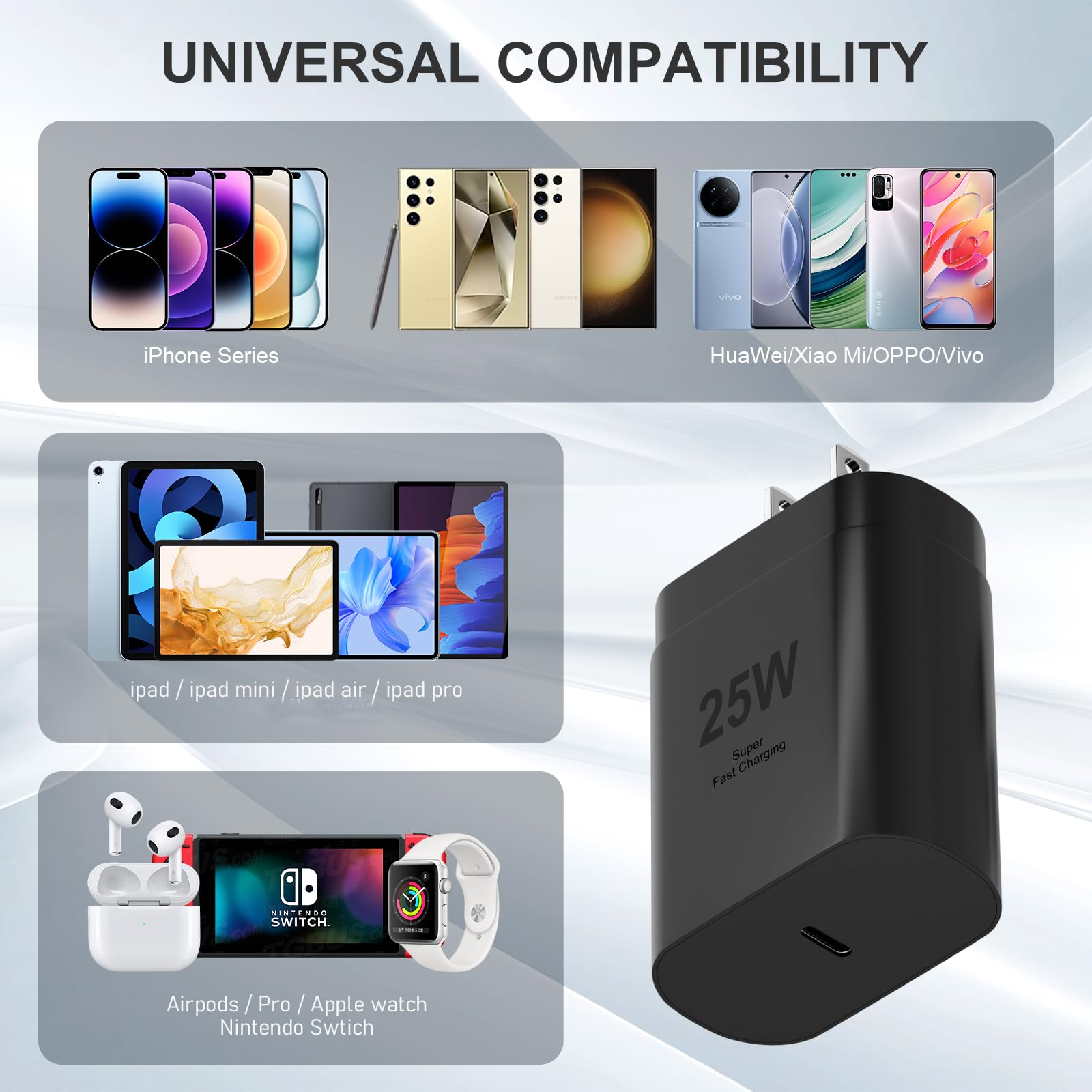25W USB-C Fast Charger Wall Adapter with 6.6ft Type-C Cable - PD 3.0 Quick Charge for Samsung Galaxy S25/S24/S23/S22/S21/Note20 Series | Perfect for Home, Office & Travel Charging
