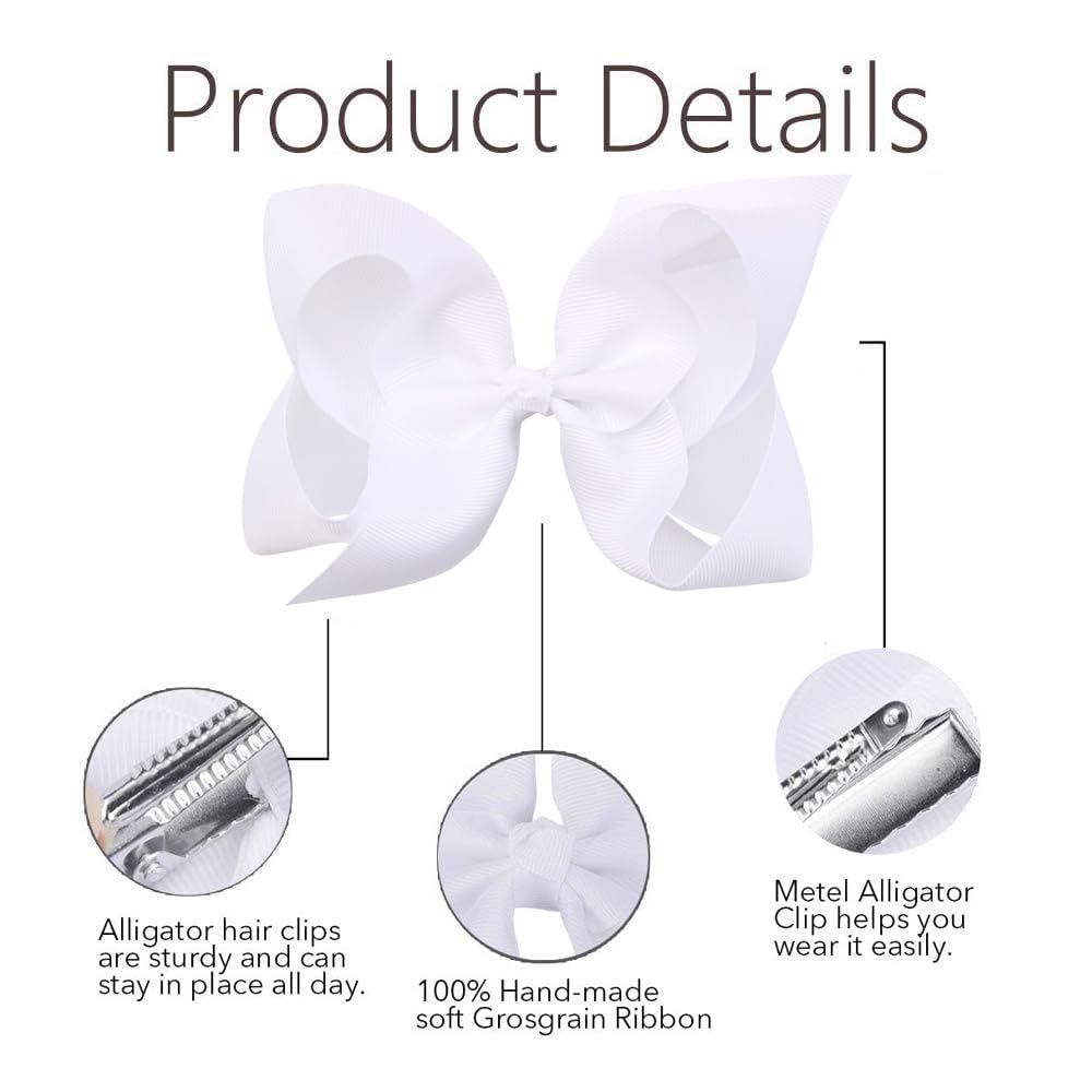 Oaoleer 12-Pack Large Hair Bows for Girls - 6 Inch White Grosgrain Ribbon Boutique Hair Clips with Alligator Clips - Perfect Hair Accessories for Toddlers, Little Girls & Kids (Great for Parties, School, Photos & Special Occasions)