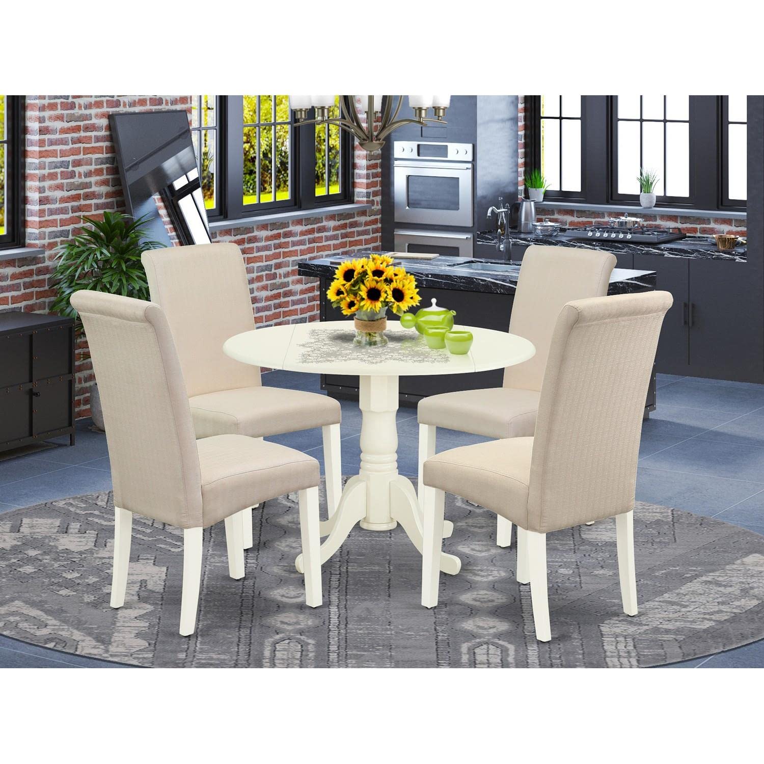 East West Furniture DLBA5-WHI-01 5-Piece Round Dining Table Set with Drop Leaf & 4 Cream Linen Fabric Chairs, 42x42 Inch, White - Perfect for Small Kitchens, Breakfast Nooks & Cozy Family Meals