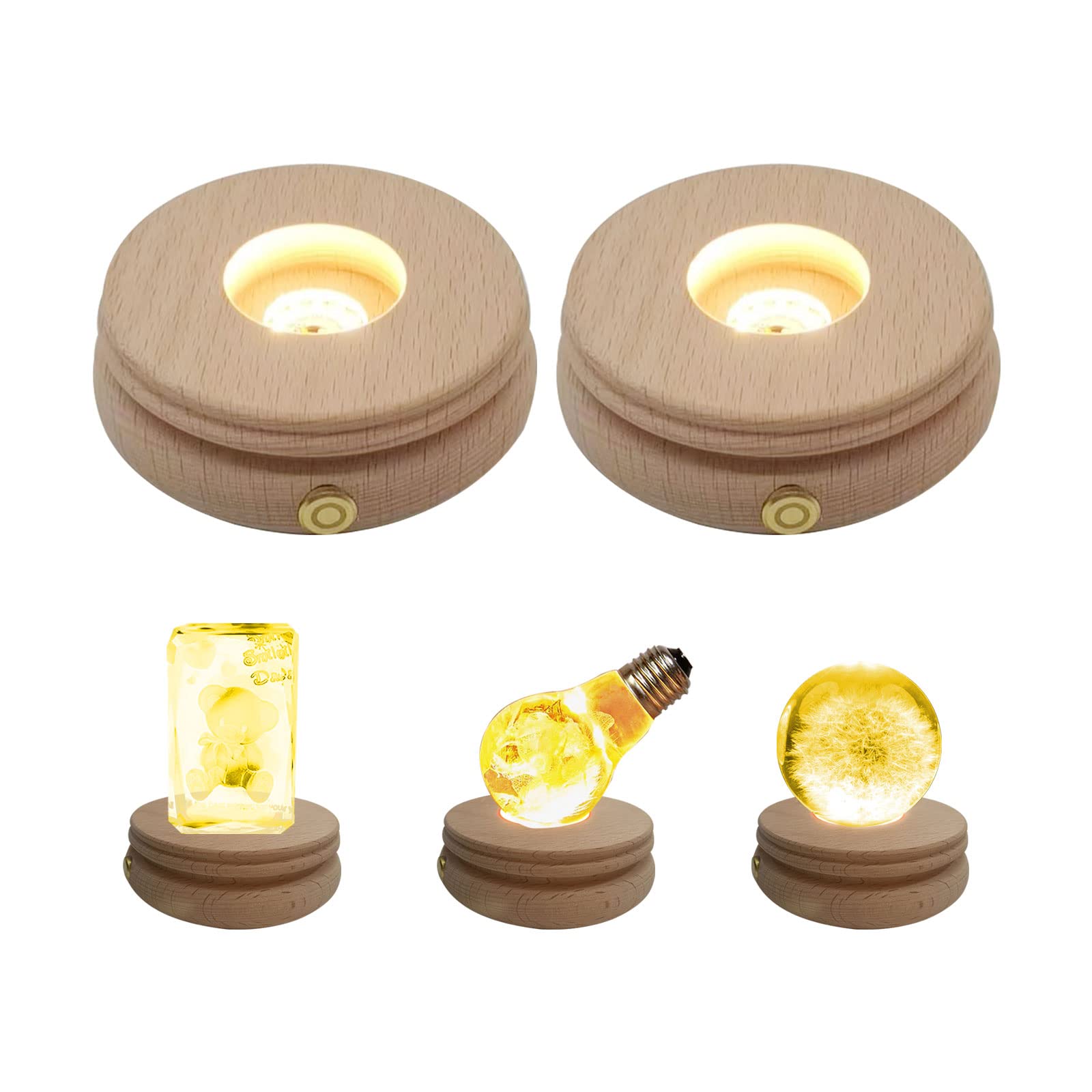 CDIYTOOL LED Display Stand - Round Wooden Pedestal with Touch Switch for Crystal, Glass, Paperweights - Perfect for Home Decor, Retail Displays & Gift Showcases (2-Pack)
