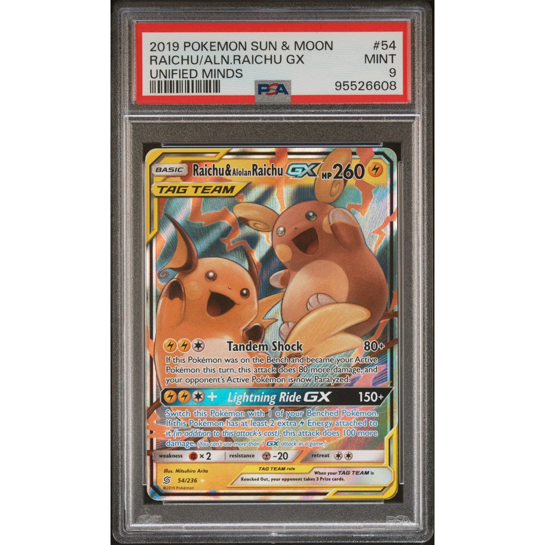 2019 Pokemon Unified Minds Raichu & Alolan Raichu 54/236 PSA 9 Mint Condition - Rare Trading Card for Collectors & Battles