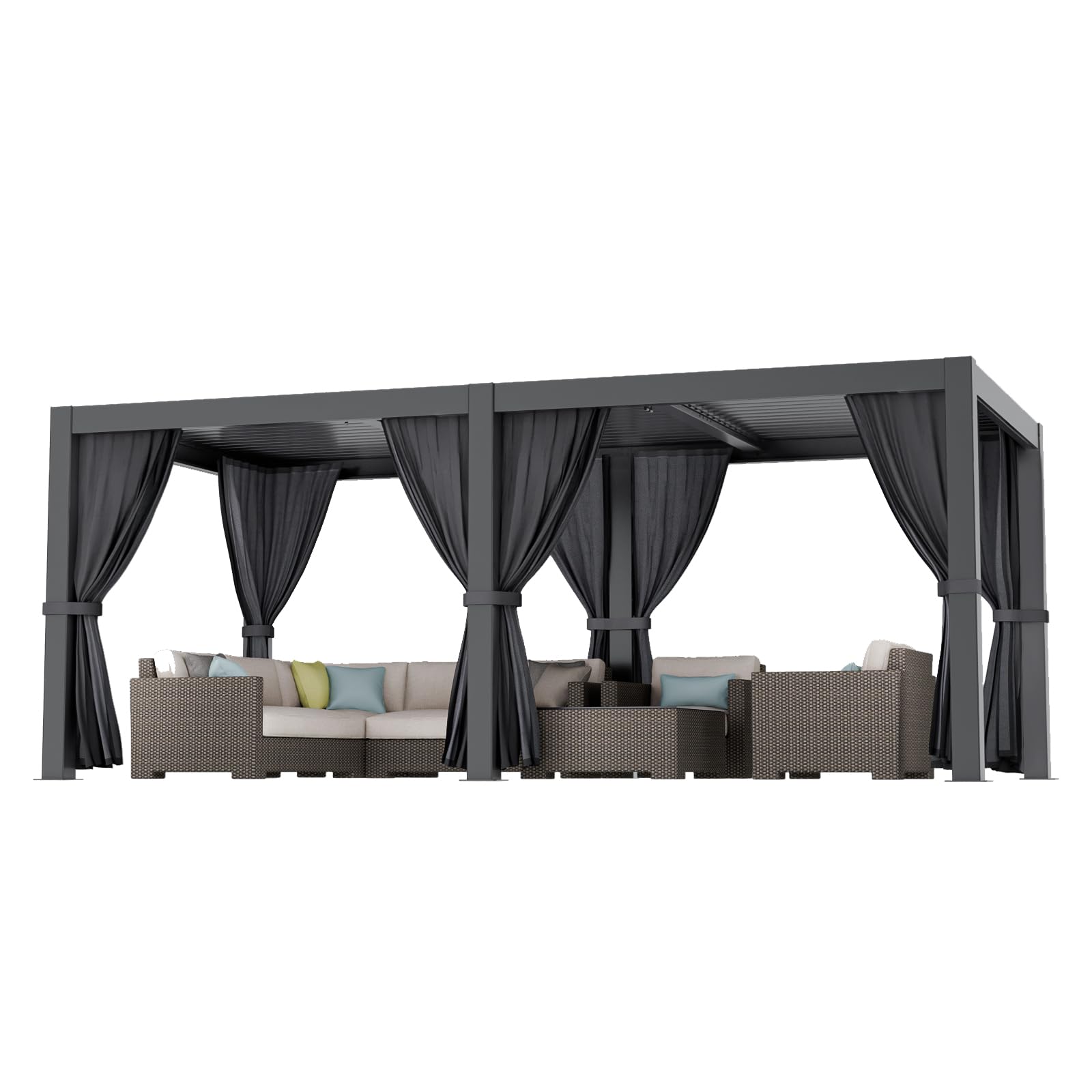 LVUYOYO 10' x 20' Adjustable Louvered Pergola - Aluminum Outdoor Gazebo with Roof, Curtains & Netting for Patio, Backyard, Garden, Deck - Perfect for Outdoor Entertaining & Relaxation (Black)