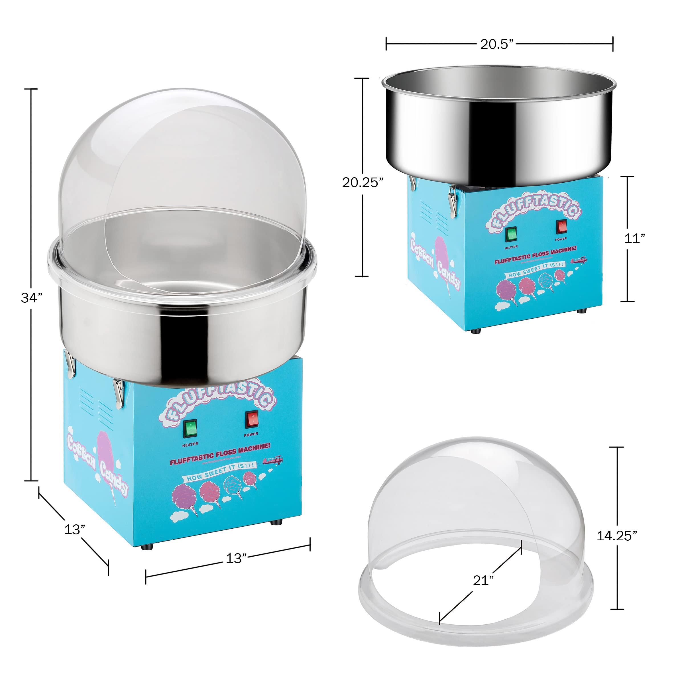 Flufftastic 1000W Cotton Candy Machine with Dome Shield & Stainless Steel Pan - Electric Candy Floss Maker for Parties, Carnivals & Home Use - Great Northern Popcorn Commercial Grade Cotton Candy Maker (Blue)