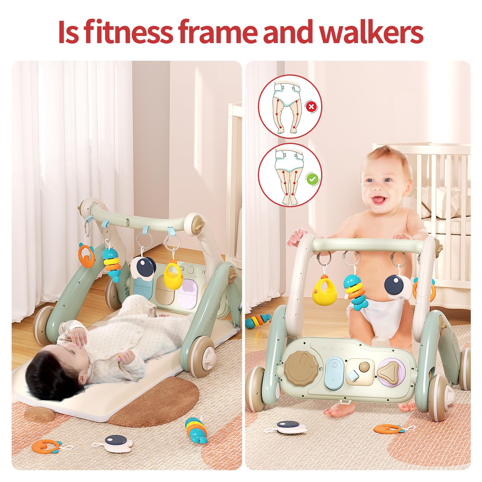2 in 1 Baby Gym & Walker for 0-24 Months - Multifunctional Play Mat with 4 Sensory Toys & Removable Piano Panel - Sit-to-Stand Learning Activity Center for Boys & Girls (White) - Perfect for Nursery Playtime & Early Childhood Development