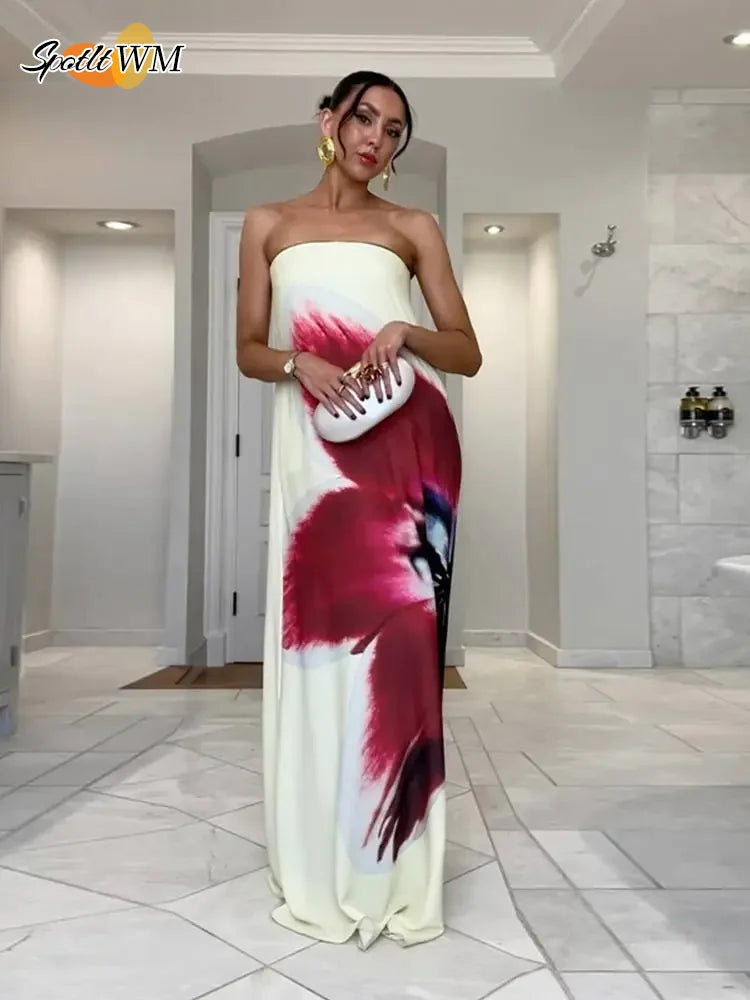 2025 Floral Print Strapless Maxi Dress for Women - Sexy Off Shoulder Sleeveless Backless Party Gown | Perfect for Summer Weddings, Beach Vacations & Evening Events