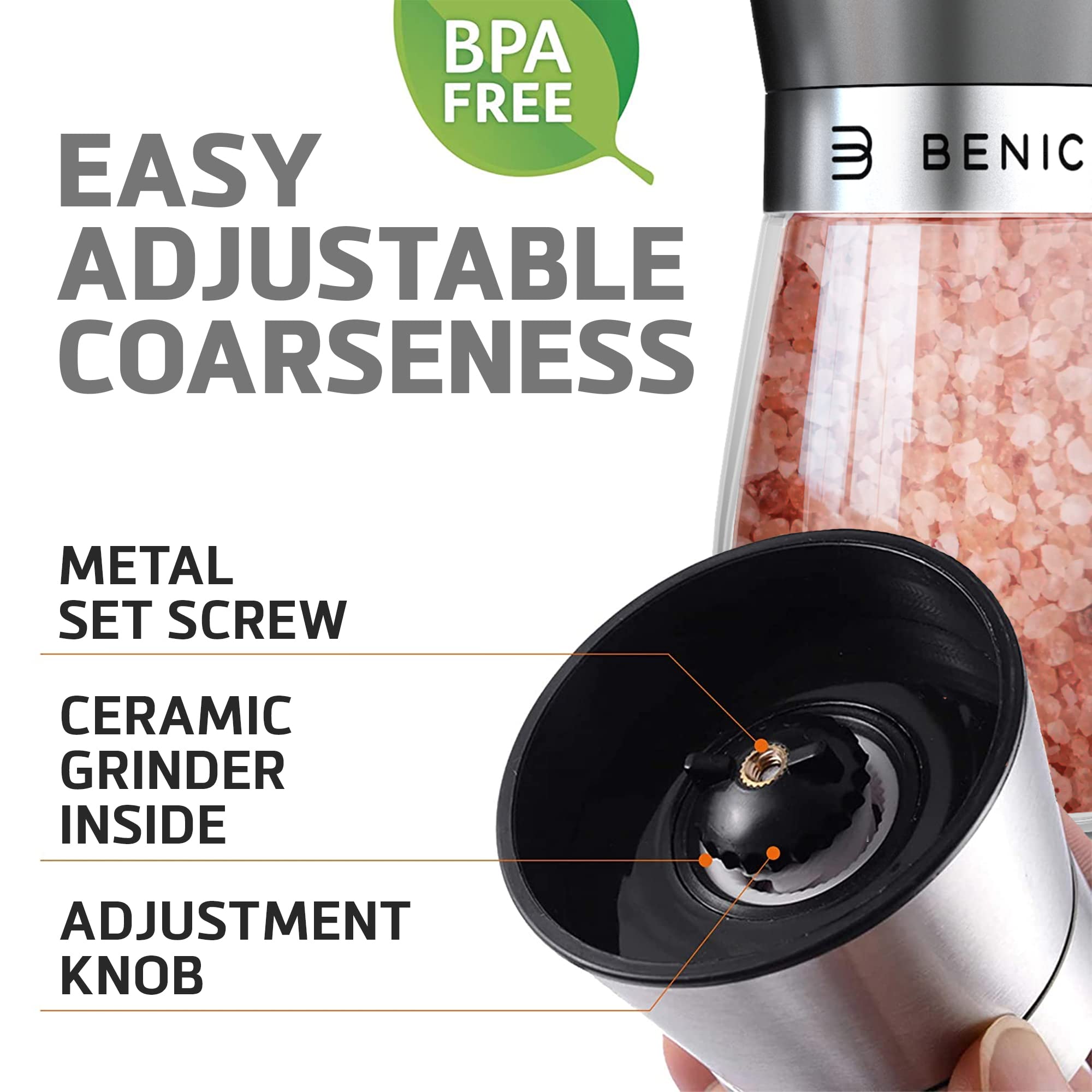 Premium Stainless Steel Salt and Pepper Grinder Set - Adjustable Ceramic Mill for Coarse to Fine Seasoning - Glass Body Spice Shakers with Spoon & Cleaning Brush - Perfect for Kitchen, Dining Table & Gourmet Cooking