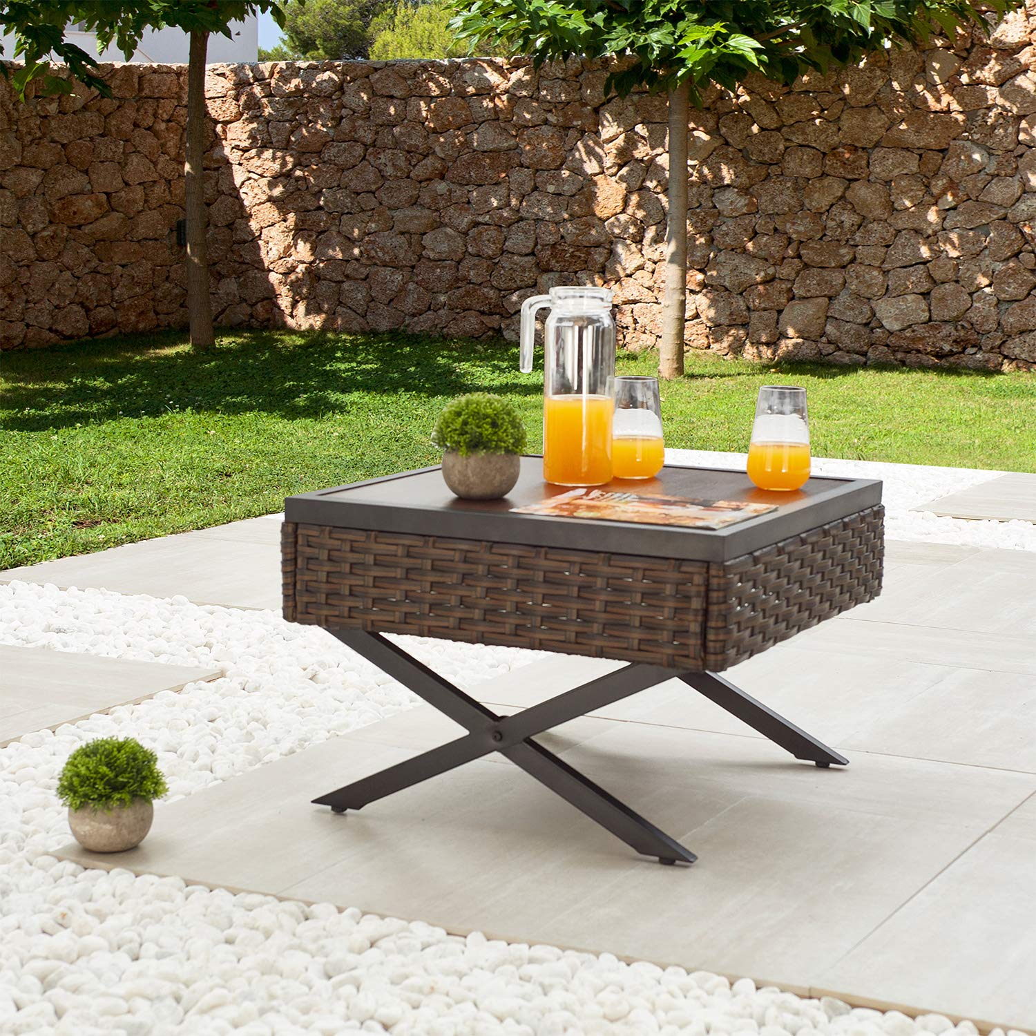 Festival Depot Metal Outdoor Side Coffee Table - Wood Grain Top Wicker Rattan Furniture with X-Shaped Steel Legs - Brown & Black Square Patio Bistro Table for Living Room, Dining Area, Garden & Poolside Relaxation
