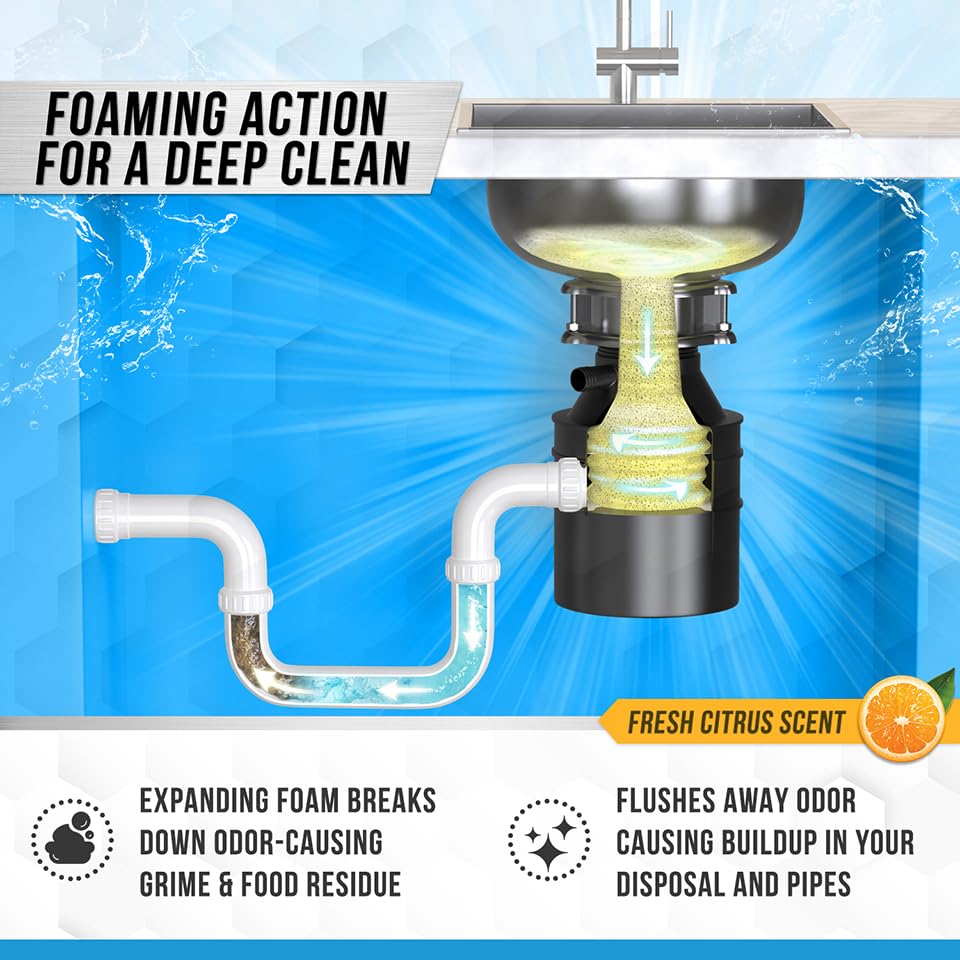 Powerful XL Foaming Garbage Disposal Cleaner & Deodorizer Tablets - 24 Pack (1 Year Supply) | Natural Citrus Scent | Deep Cleans Kitchen Drains & Eliminates Odors | Perfect for Garburator, Sink Disposer & Septic System Maintenance
