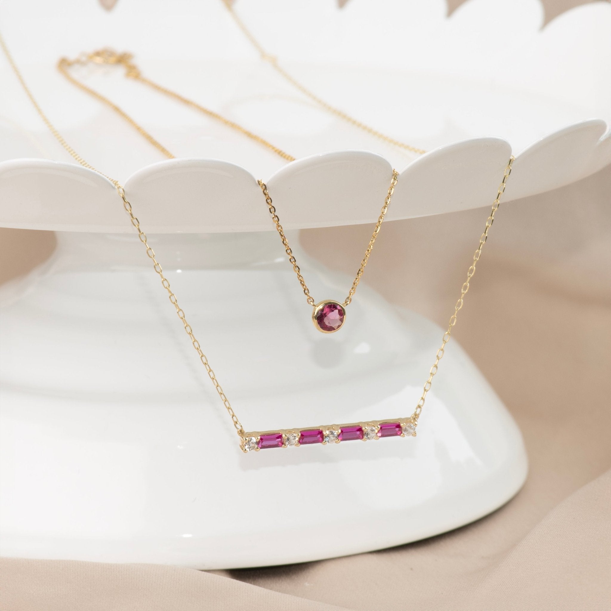 14k Yellow Gold Pink Tourmaline Station Necklace - Bezel Set Gemstone Jewelry for Women, Perfect for Valentine's Day Gifts & Everyday Elegance