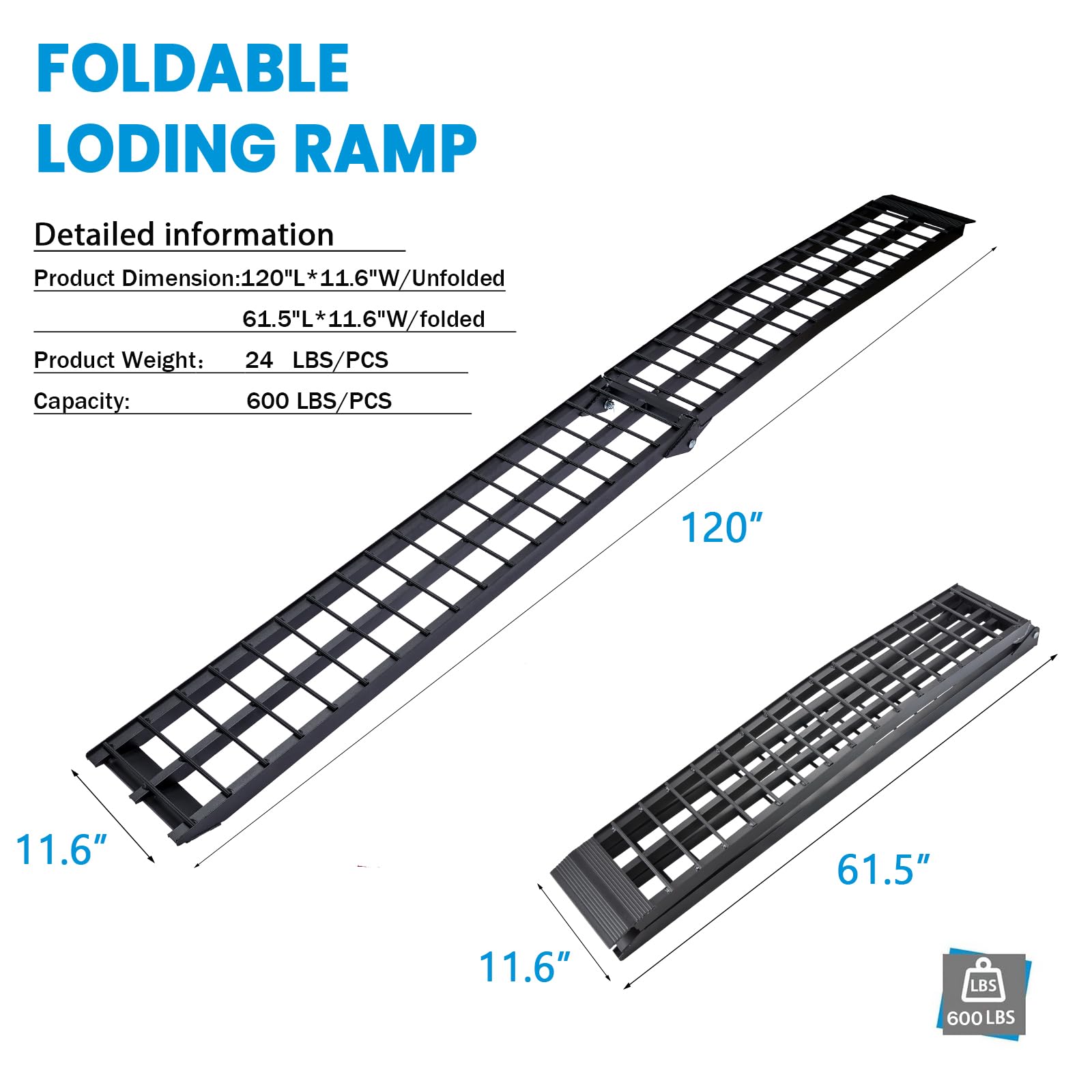 LEMNISCATE 10FT Aluminum Folding Motorcycle Ramps for Pickup Trucks - Heavy Duty 600 lbs Capacity Dirt Bike Ramp for ATV, Lawn Mower, Golf Cart Loading (120
