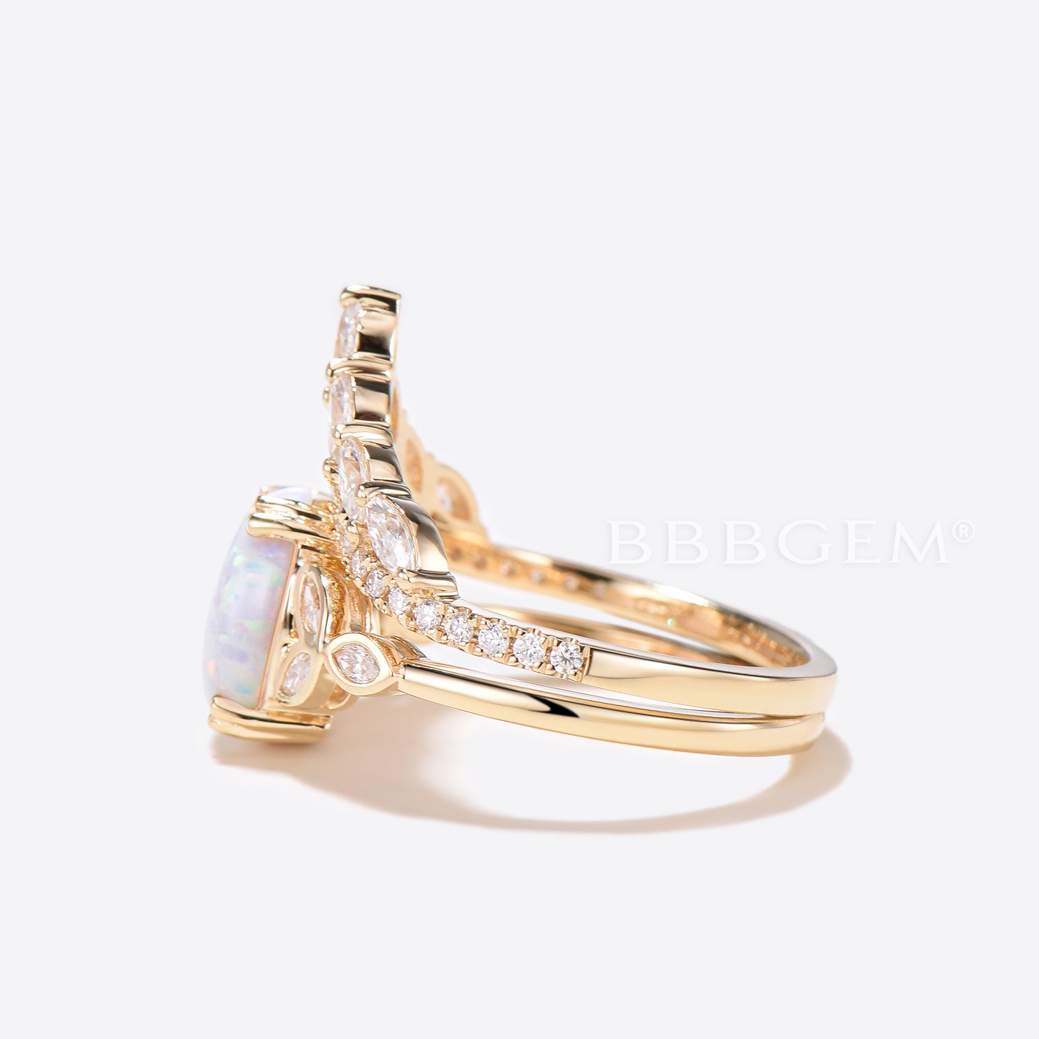 White Opal Leaf Moissanite Engagement Ring & Wedding Band Set in Rose Gold – Unique Bridal Jewelry for Proposals, Anniversaries, and Special Occasions