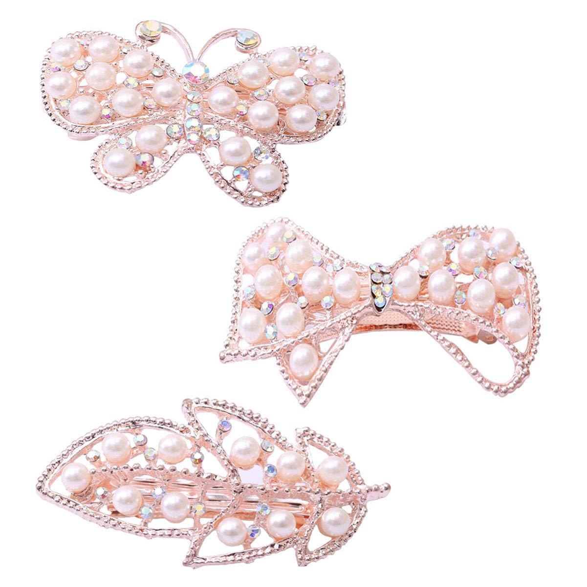 3 Pcs Elegant Imitation Pearl Hair Clips with Rhinestone Butterfly & Bow Design - Shiny Crystal Hairpins for Women, Girls - Perfect for Weddings, Parties & Daily Fashion Accessories