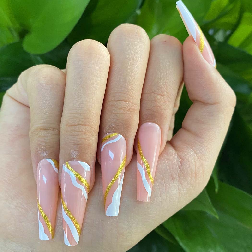 **24pcs Extra Long Coffin Press on Nails - Glossy Ballerina Fake Nails with Gold Wave Design, Acrylic Full Cover Artificial Nails for Women & Girls | Perfect for Parties, Weddings, and Special Occasions**