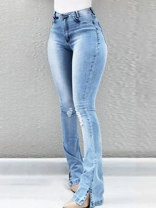 Women's High Waist Flared Jeans with Slit Detail - Trendy Bootcut Denim Pants for Casual Outfits & Night Out