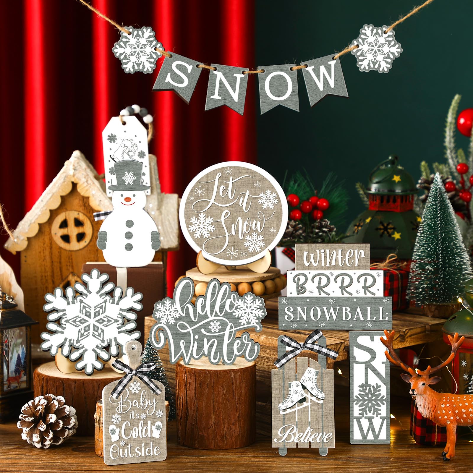 15 Pcs Winter Christmas Tiered Tray Decor Set - Snowman Snowflake Wooden Signs, Farmhouse Holiday Decorations for Table, Shelf, Mantel - Perfect for Home, Office & Seasonal Party Decor