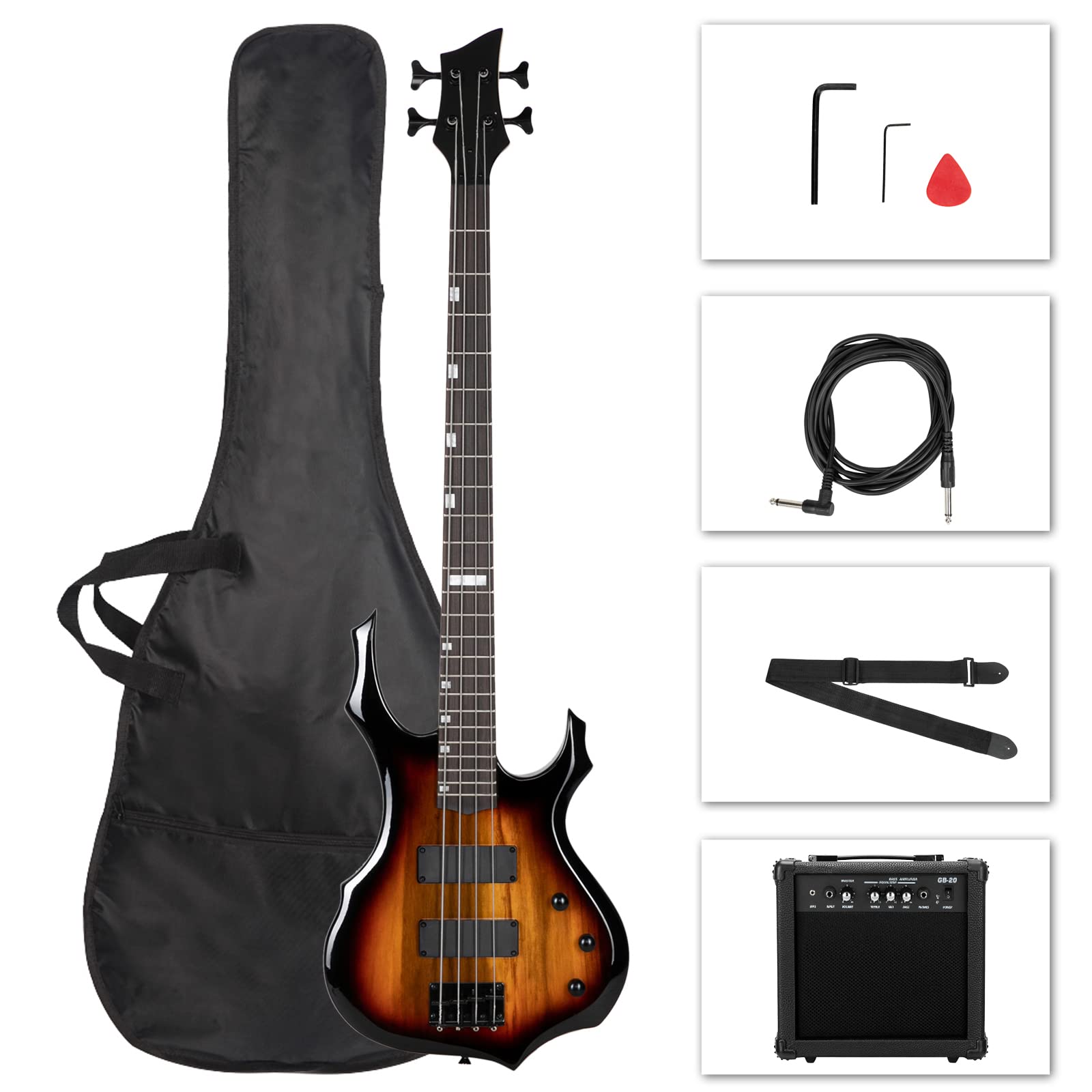 Ktaxon Full Size Electric Bass Guitar with Flame Design - Includes 20W Amp, Portable Gig Bag, Premium Amp Cable, Adjustable Strap, Picks & Tools (Sunburst) - Perfect for Beginners, Live Performances & Home Practice