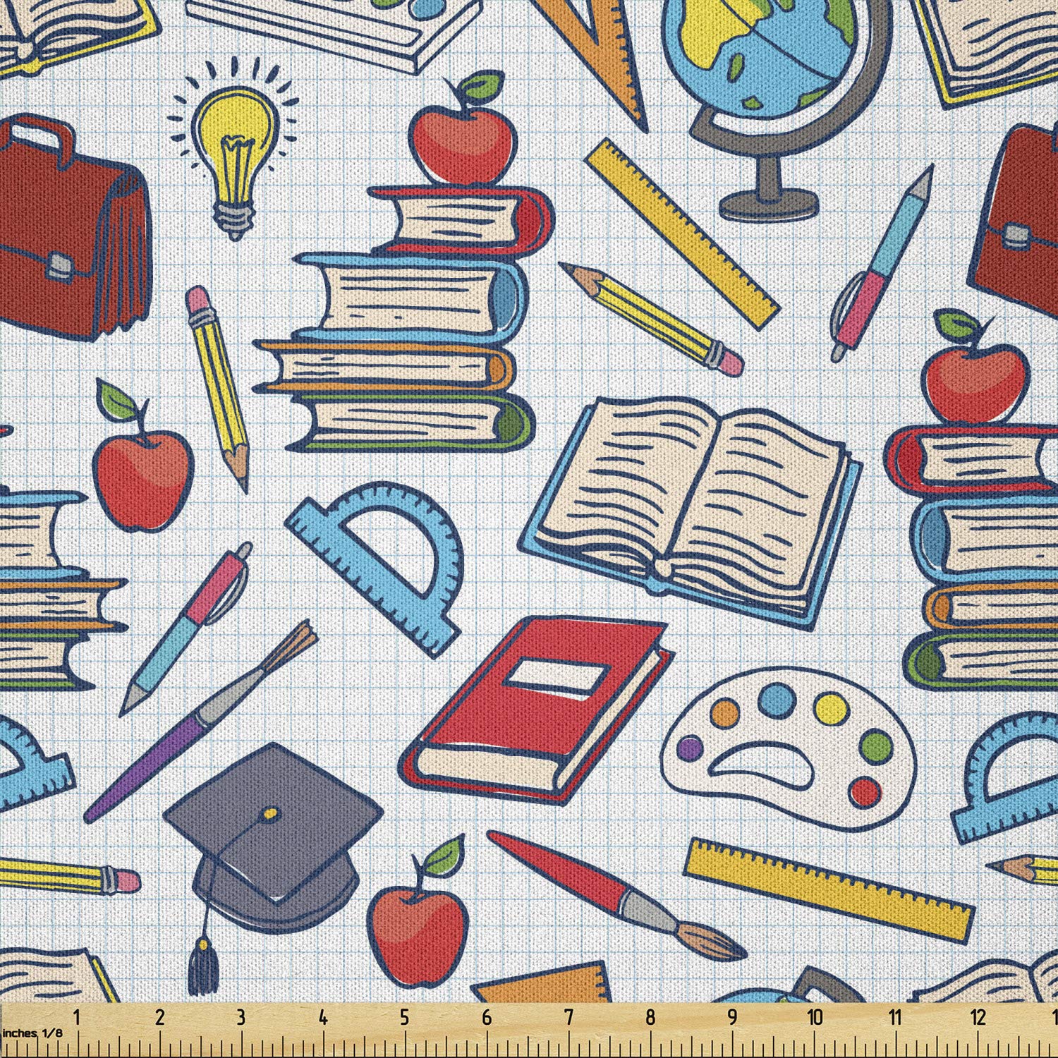 Ambesonne Science Themed Fabric by The Yard - Elementary Student Supplies, Globe, Paints, Brushes & Books Print - 10 Yards Multicolor Microfiber Fabric for Arts & Crafts, DIY Projects, Classroom Decor & Home Textiles