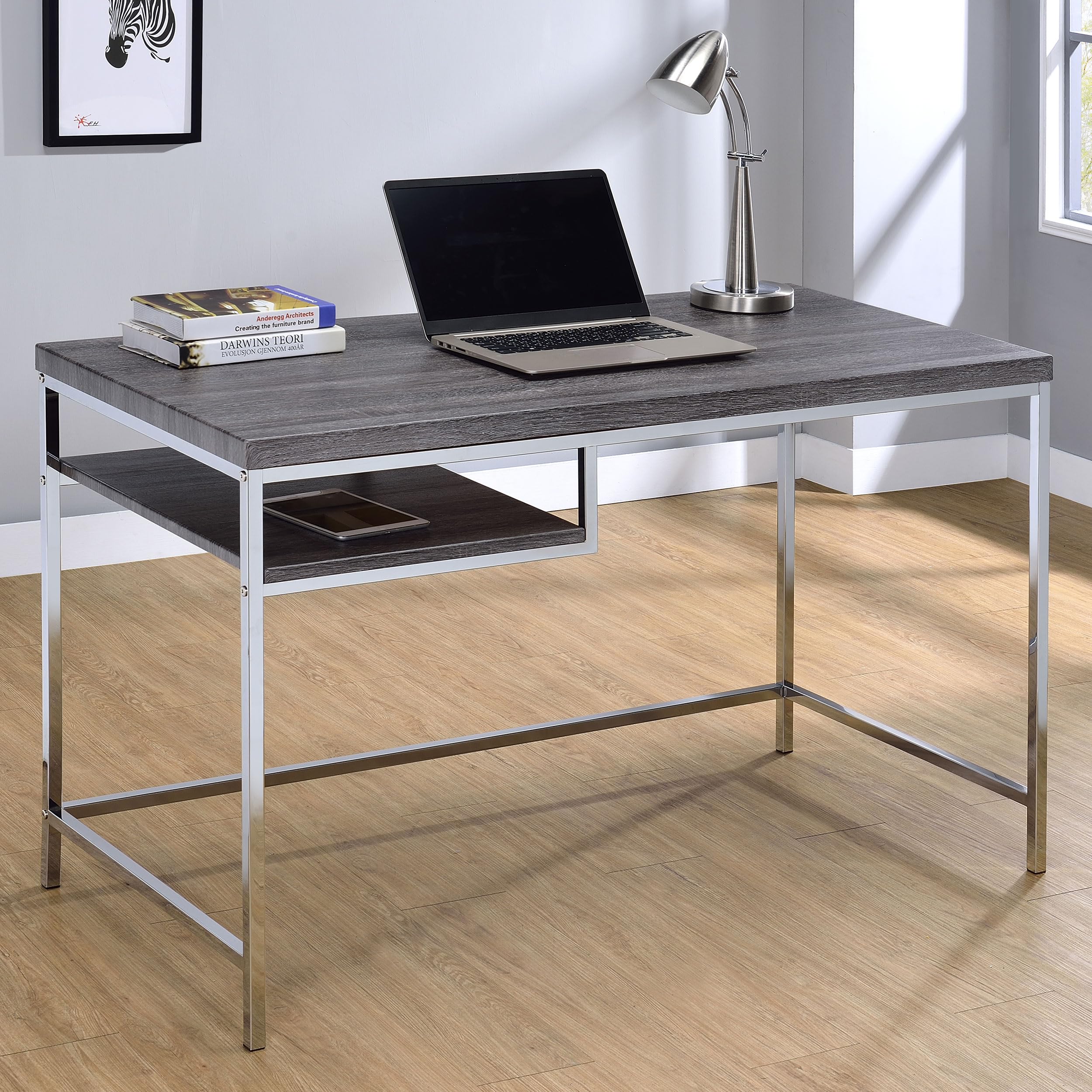 Modern Weathered Grey Writing Desk with Shelf - 47