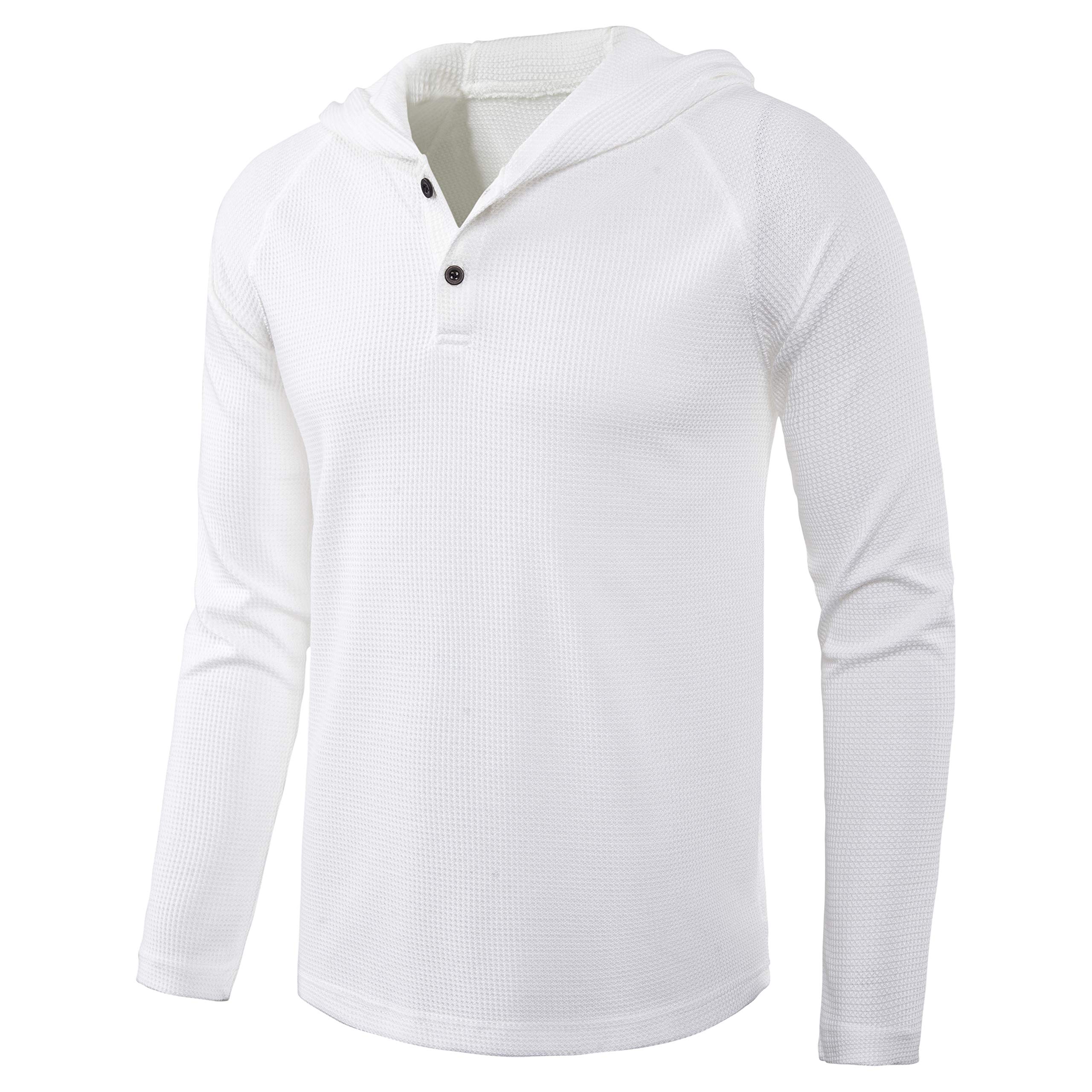 Men's Lightweight Solid Color Hooded Sweatshirt - Casual Pullover Hoodie with Waffle-Knit Long Sleeve Henley Design | Perfect for Outdoor Activities, Gym Workouts and Everyday Wear