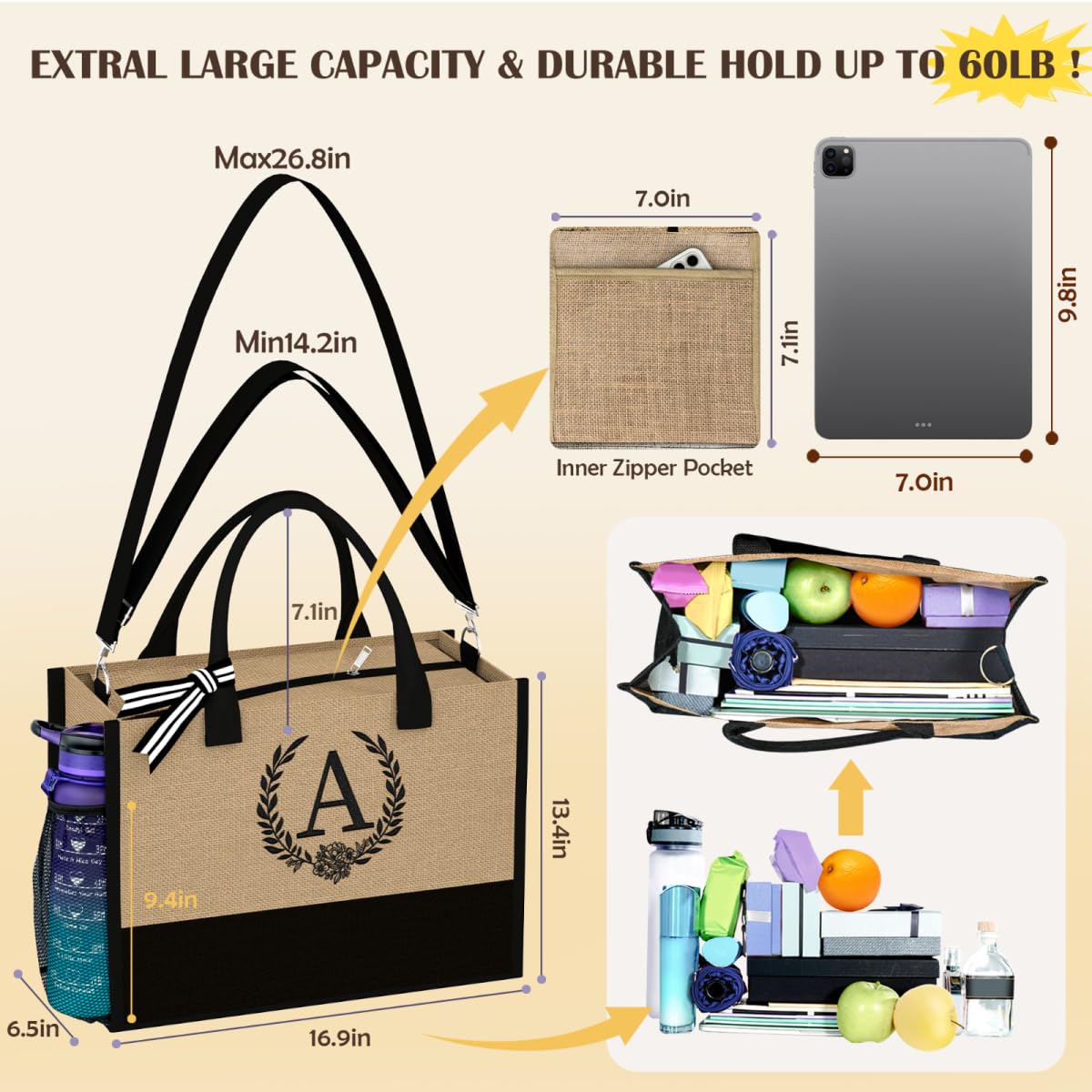 Personalized Initial Canvas Tote Bag with Zipper - Waterproof Makeup Bag, Beach Bag for Women - Great Mother's Day Gift for Mom & Grandma - Perfect for Travel, Shopping & Daily Use