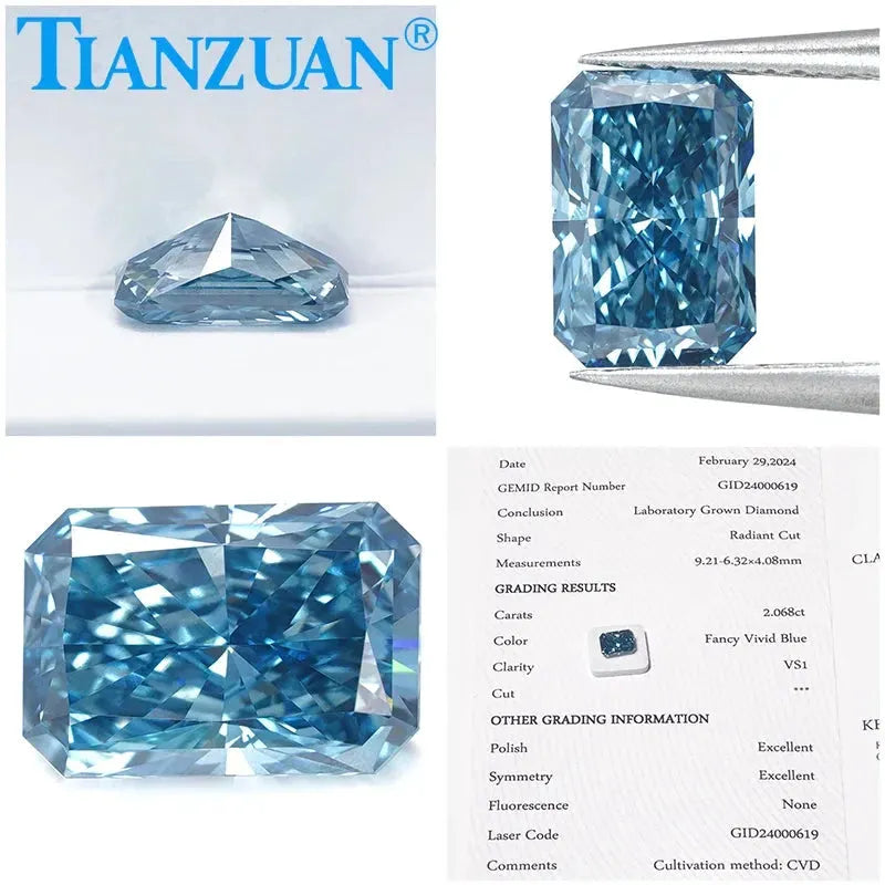 Radiant Cut Lab Grown CVD Diamond - Fancy Vivid Blue VVS1/VS2 3EX Certified Loose Gemstone | Engagement Rings, Wedding Bands & Fine Jewelry Making