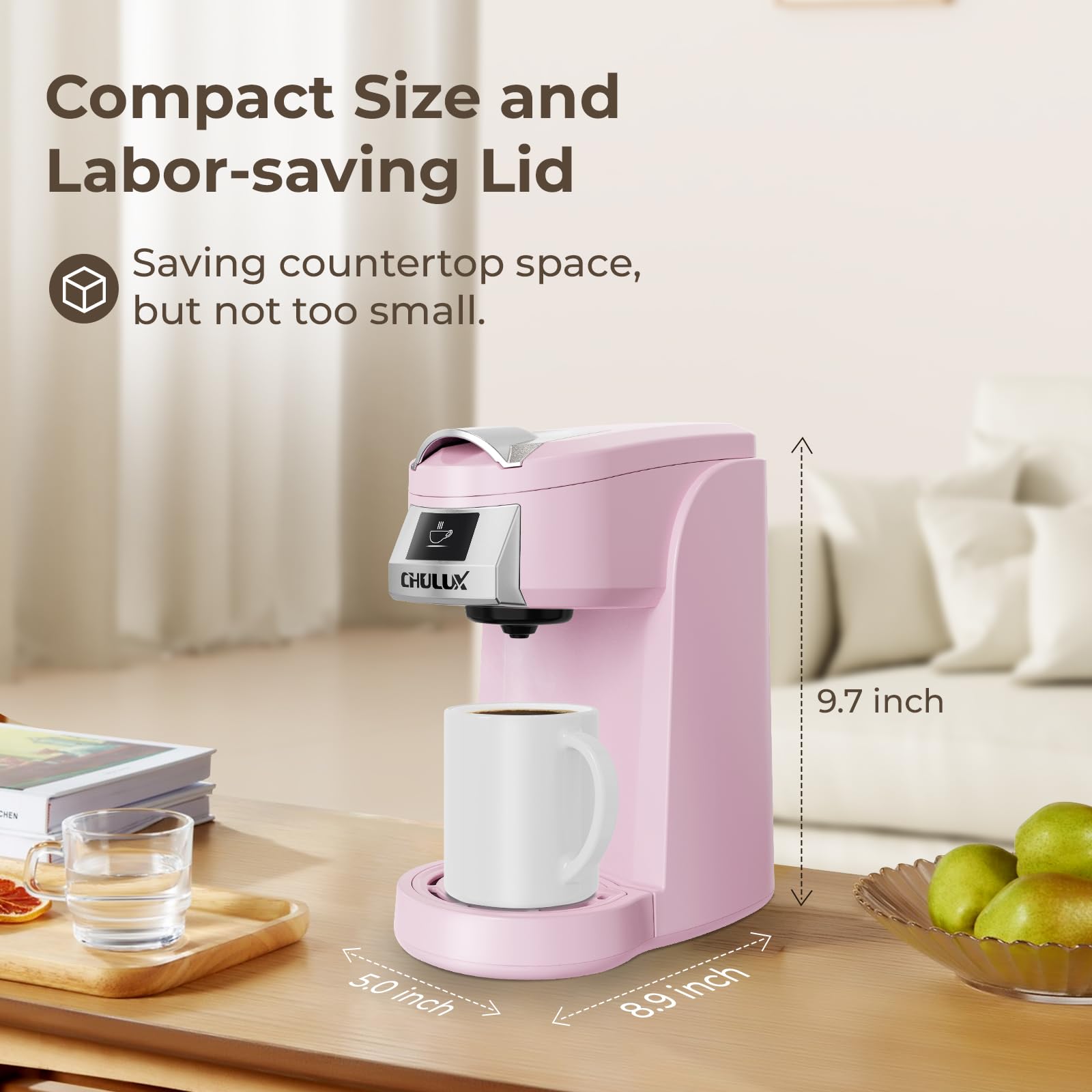 CHULUX Classic Single Serve Coffee Maker for K-Cup Pods - One-Touch Brewing for Office, RV, Travel & Dorm - Compact & Portable Pink Coffee Machine - Perfect for Home, Camping & Small Spaces