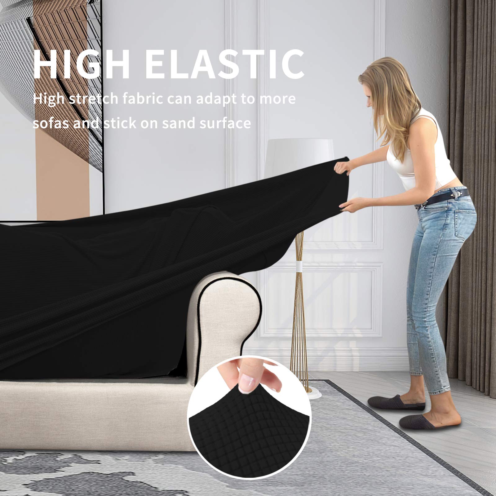 Stretchable 3-Piece Sofa Cover for Dogs & Pets - Washable Jacquard Fabric Elastic Couch Slipcover - Fits 2 Separate Cushion Loveseats - Furniture Protector for Pets & Kids (Black) - Perfect for Pet Owners & Family Homes
