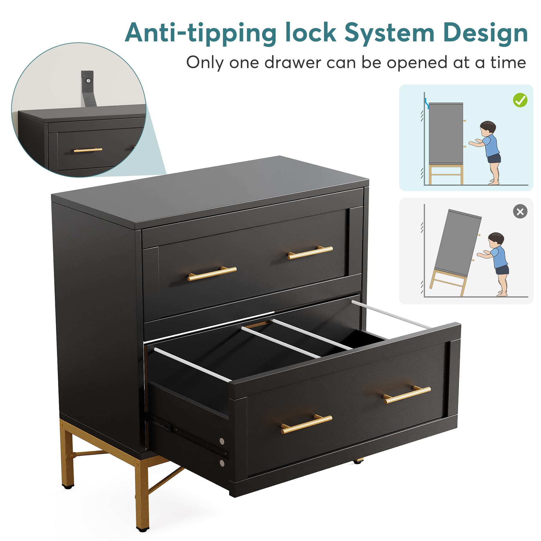 Tribesigns 2 Drawer File Cabinet - Modern Lateral Filing Cabinet for Letter/Legal/A4 Size Documents - Large Storage Cabinet with Printer Stand for Home Office - Black & Gold - Perfect for Organizing Files, Office Supplies & Workspace Essentials
