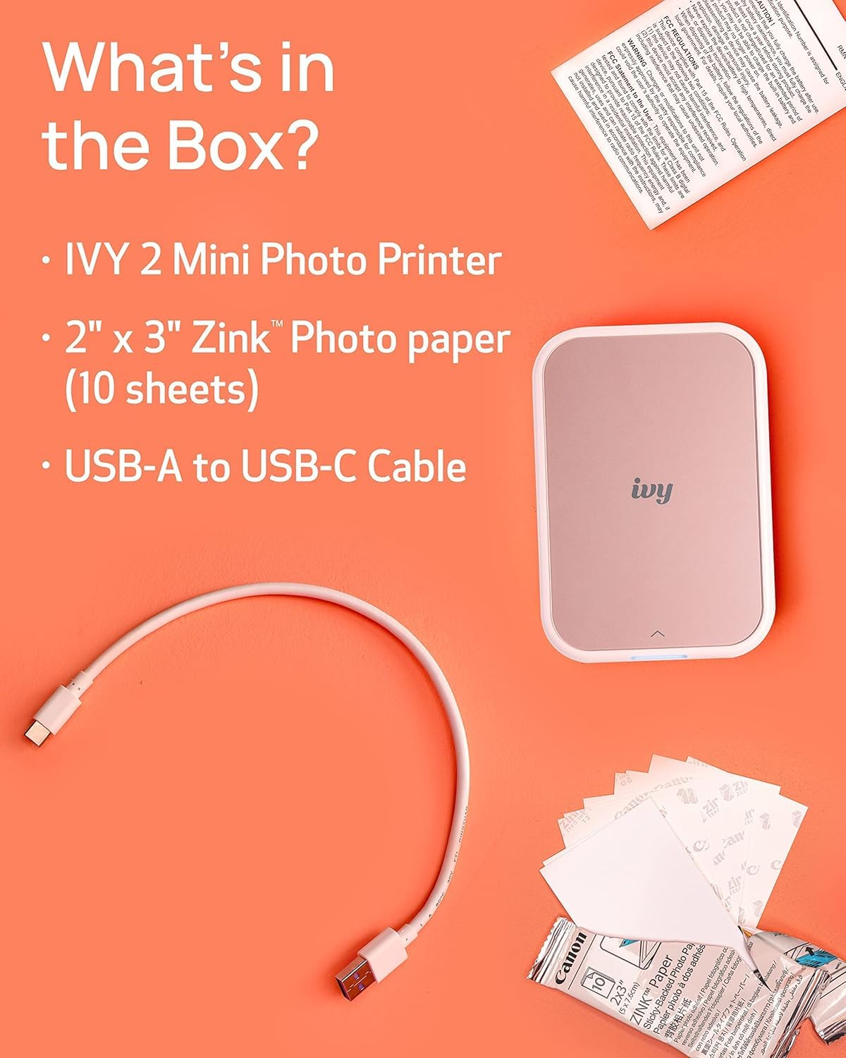 Canon Ivy 2 Mini Bluetooth Photo Printer (Blush Pink) - Wireless Portable Printer for iOS & Android, Includes 110 Zink Sticky-Back Prints, LED Light Bar, Protective Case & USB Cable | Perfect for Travel, Scrapbooking & Instant Memories
