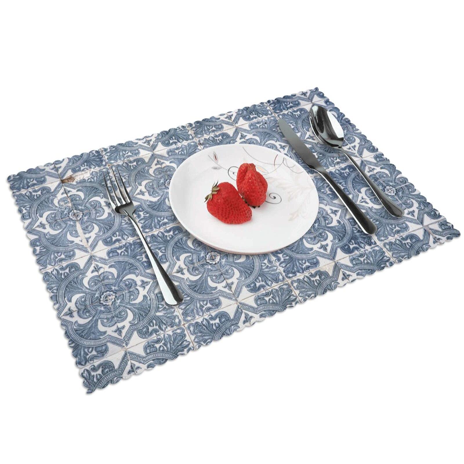Vintage Blue Tile Placemats Set of 4 - 12x18 Inch Washable Non-Slip Heat Resistant Dining Table Mats for Kitchen, Restaurant & Home Decor - Easy to Clean & Durable for Everyday Use
