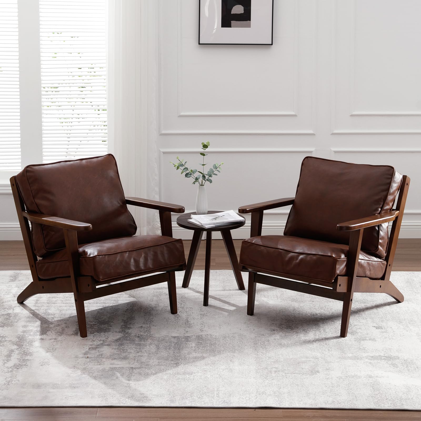 Mid Century Modern Accent Chairs Set of 2 - PU Leather Upholstered Armchairs with Solid Wood Frame for Living Room, Bedroom & Reading Nook - Elegant Brown Lounge Chairs for Home Decor & Relaxation
