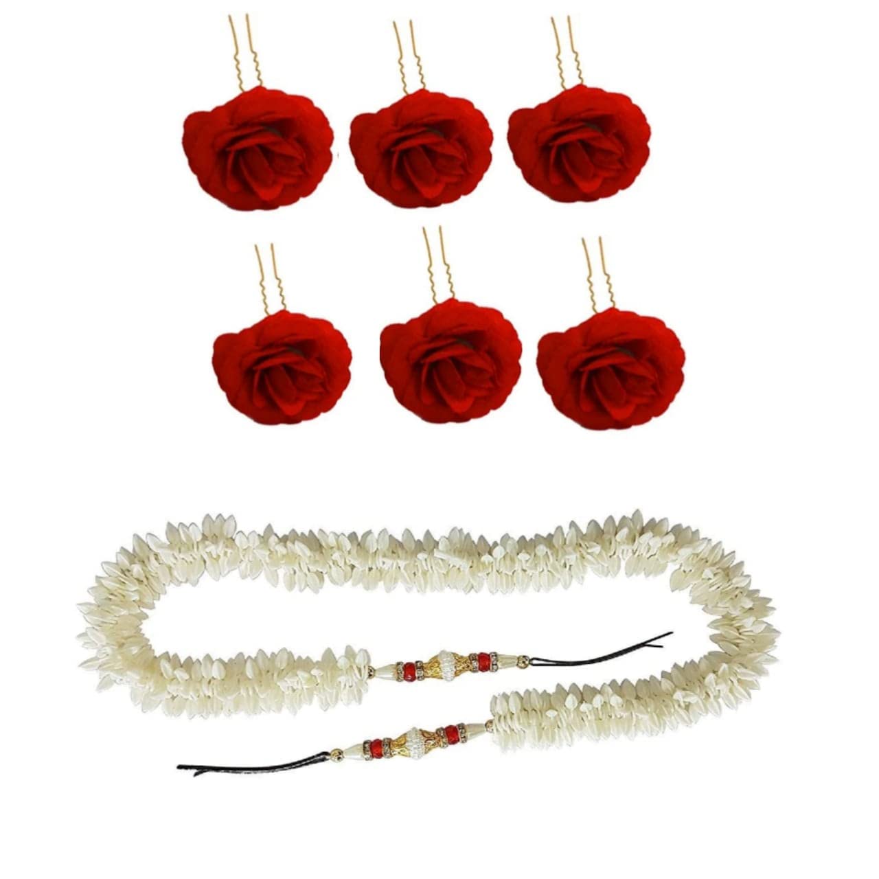 6 Pcs Bridal Rose Hair U Pins & 1 Pcs Mogra Gajra Hair Accessory Set for Wedding, Bridal Party, Prom, and Special Occasions
