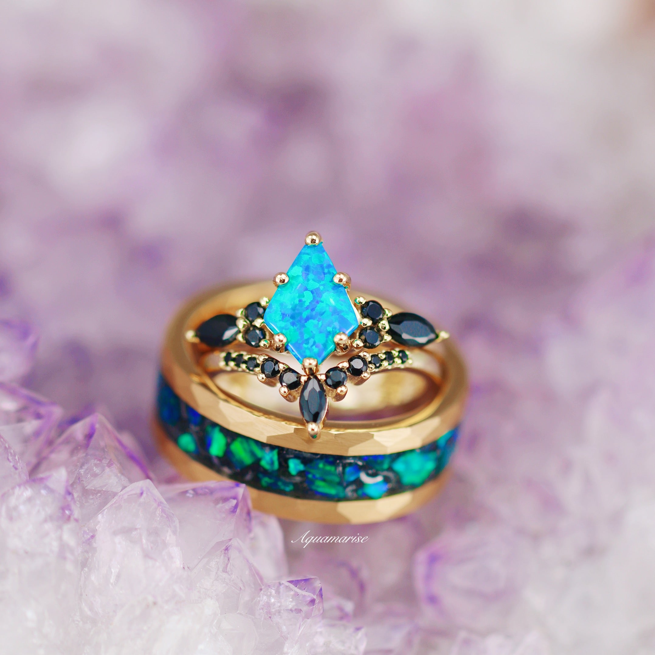 Skye Kite™ Blue Fire Opal Meteorite Starry Night Couple Rings - Matching Wedding Bands for Him & Her - Perfect for Anniversaries, Engagements & Romantic Gifts