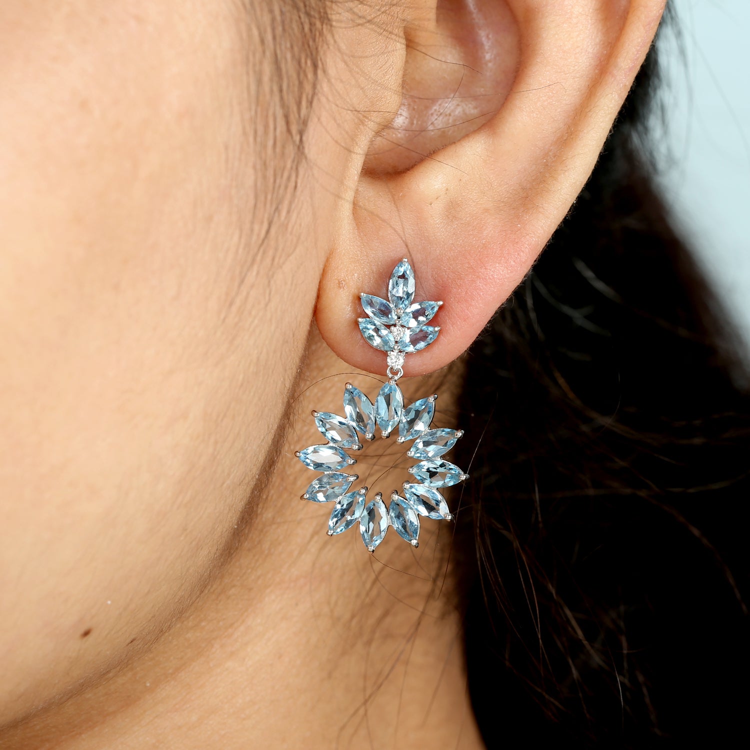 18K White Gold Marquise Aquamarine and Diamond Handmade Dangle Earrings for Women - Perfect for Weddings, Parties & Special Occasions