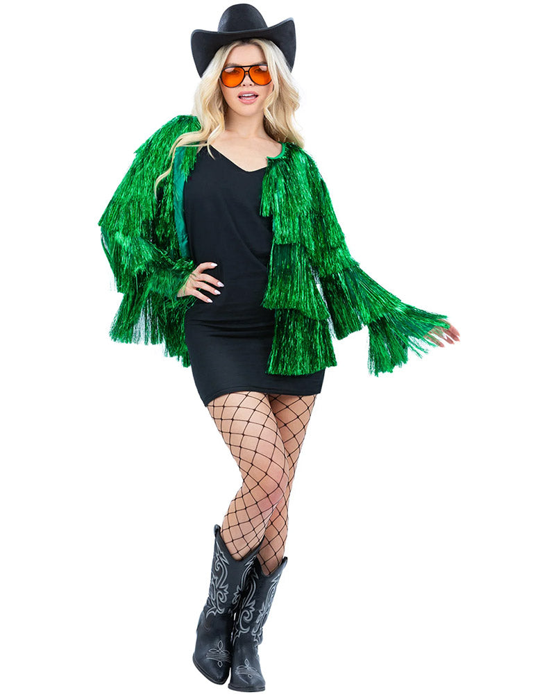 Vintage 70s Green Tinsel Festival Jacket for Women - Retro Disco Party Outfit & Holiday Celebration Costume
