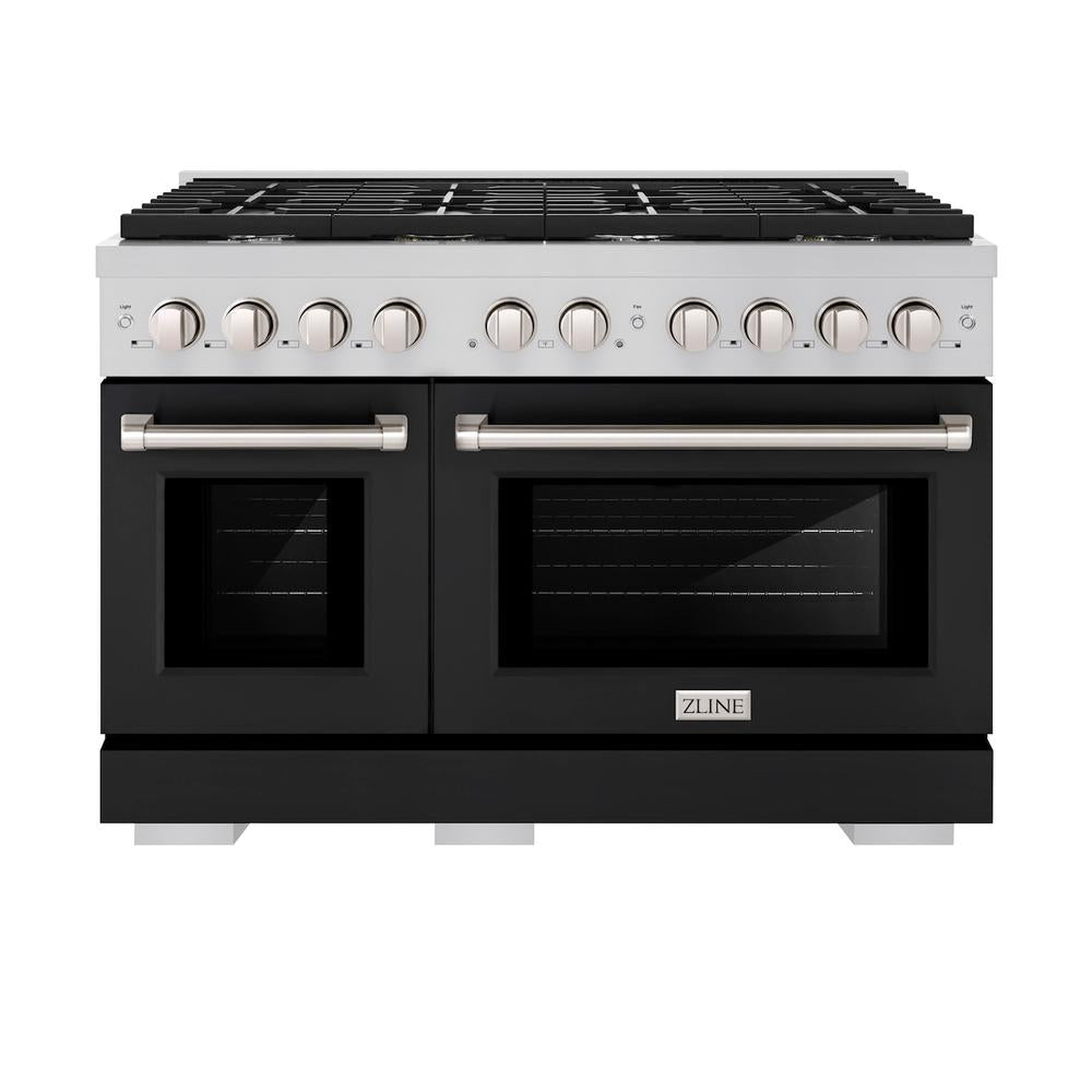 ZLINE 48-Inch Stainless Steel Dual Fuel Range with 8-Burner Gas Cooktop & Black Matte Doors - 6.7 cu. ft. Double Oven for Professional Home Cooking | Perfect for Large Families & Entertaining Guests