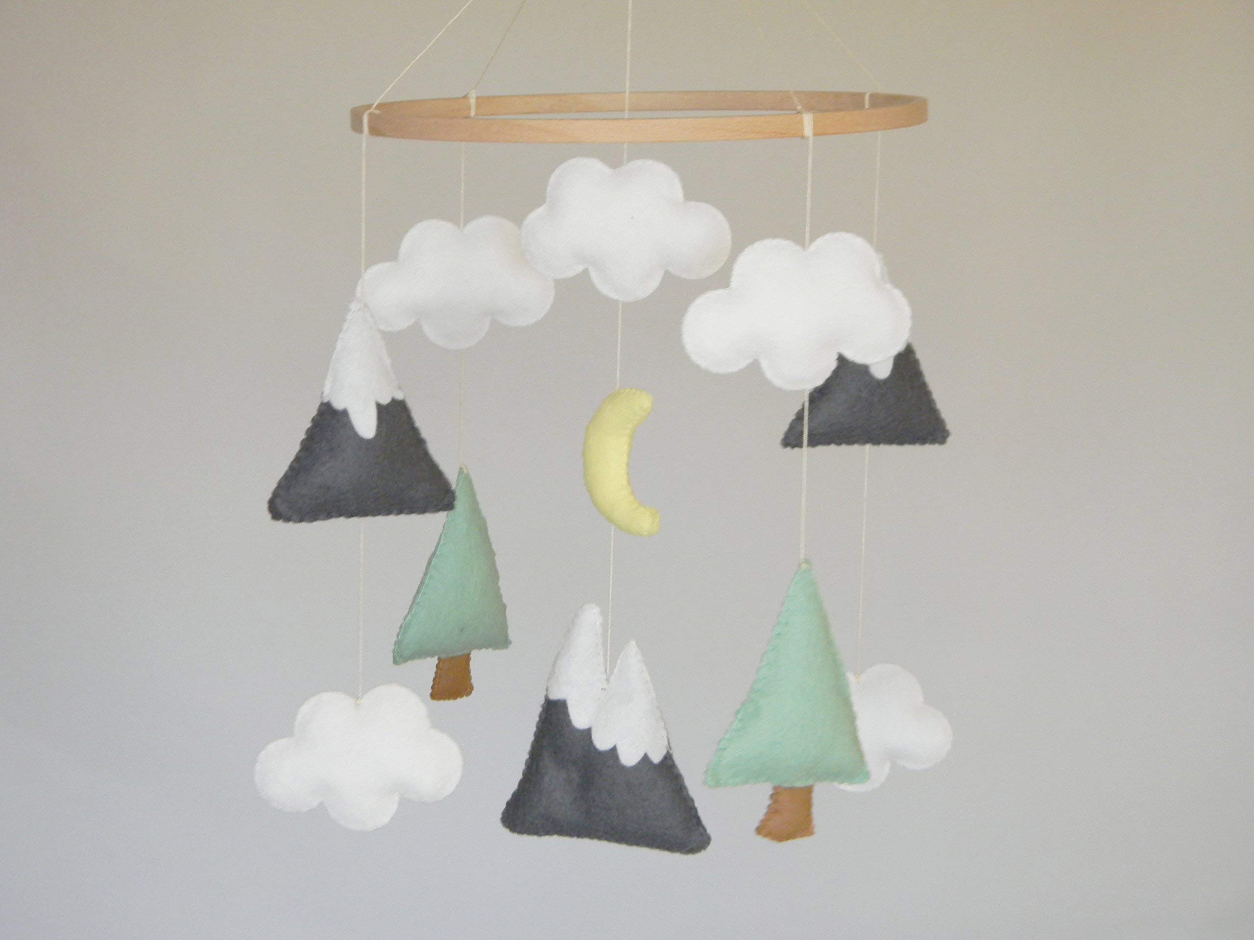 Modern Felt Mountains & Trees Baby Crib Mobile - Gray Nursery Decor with Clouds for Newborns | Perfect for Soothing Infants & Decorating Gender-Neutral Nurseries