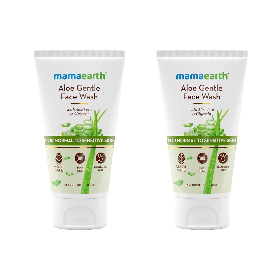 Mama'Earth Aloe Vera & Glycerin Gentle Face Wash for Sensitive Skin - 150ml (Pack of 2) | Hydrating & Soothing Cleanser for Dry to Normal Skin | Daily Skincare Routine & Travel Essential